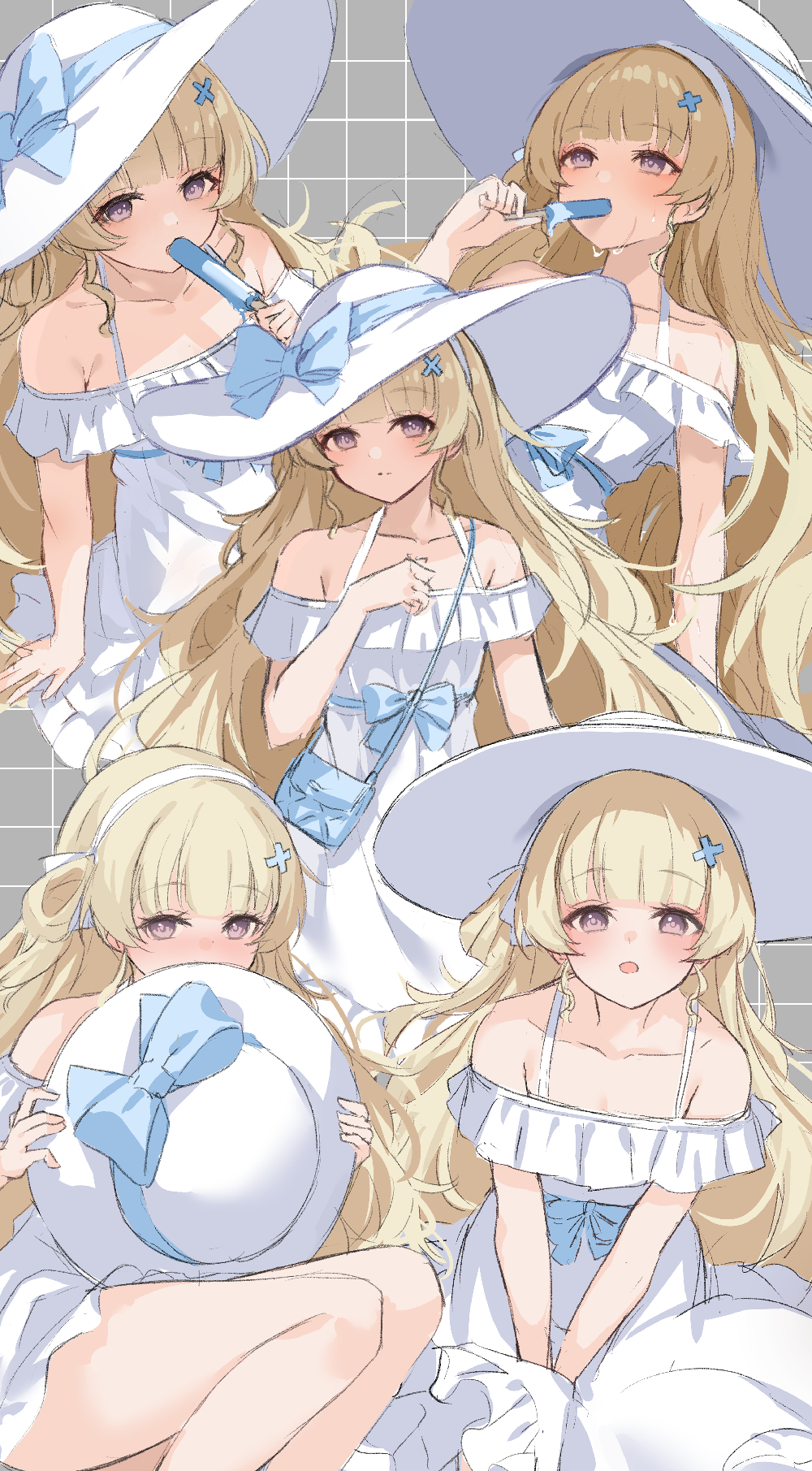 kuramoto beta-carotene, phoebe (wuthering waves), wuthering waves, commentary request, highres, 1girl, alternate costume, bag, bare shoulders, blonde hair, blue bag, blue bow, blush, bow, collarbone, dress, eating, food, grey background, grid background, hair ornament, hairband, halter dress, halterneck, hat, hat bow, holding, holding food, holding popsicle, long hair, looking at viewer, multiple views, open mouth, popsicle, purple eyes, shoulder bag, sweat, very long hair, white dress, white hairband, white hat, x hair ornament