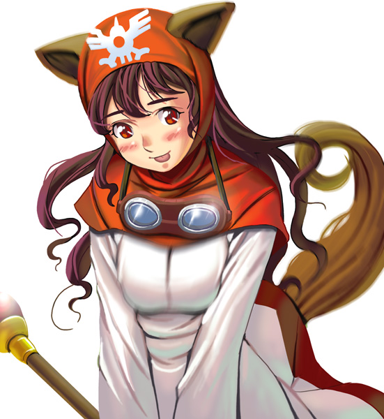kouno (masao), princess of moonbrook, chunsoft, dragon quest, dragon quest ii, enix, 1980s (style), 1girl, :p, animal ears, bandana, blush, closed mouth, female focus, fox ears, fox tail, goggles, goggles around neck, long hair, looking at viewer, oldschool, red eyes, simple background, solo, tail, tongue, tongue out, very long hair, white background