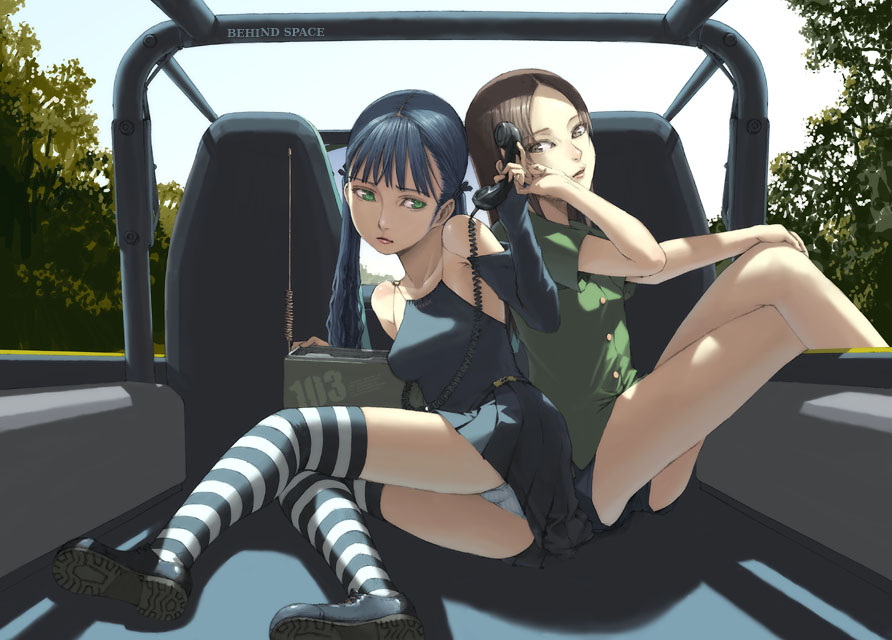 yoneda taishou, striped legwear, bad id, bad pixiv id, 2girls, bare shoulders, blue hair, brown eyes, brown hair, car, car interior, corded phone, detached sleeves, green eyes, halterneck, long hair, military jeep, motor vehicle, multiple girls, panties, phone, shorts, sitting, striped clothes, striped panties, striped thighhighs, thighhighs, underwear