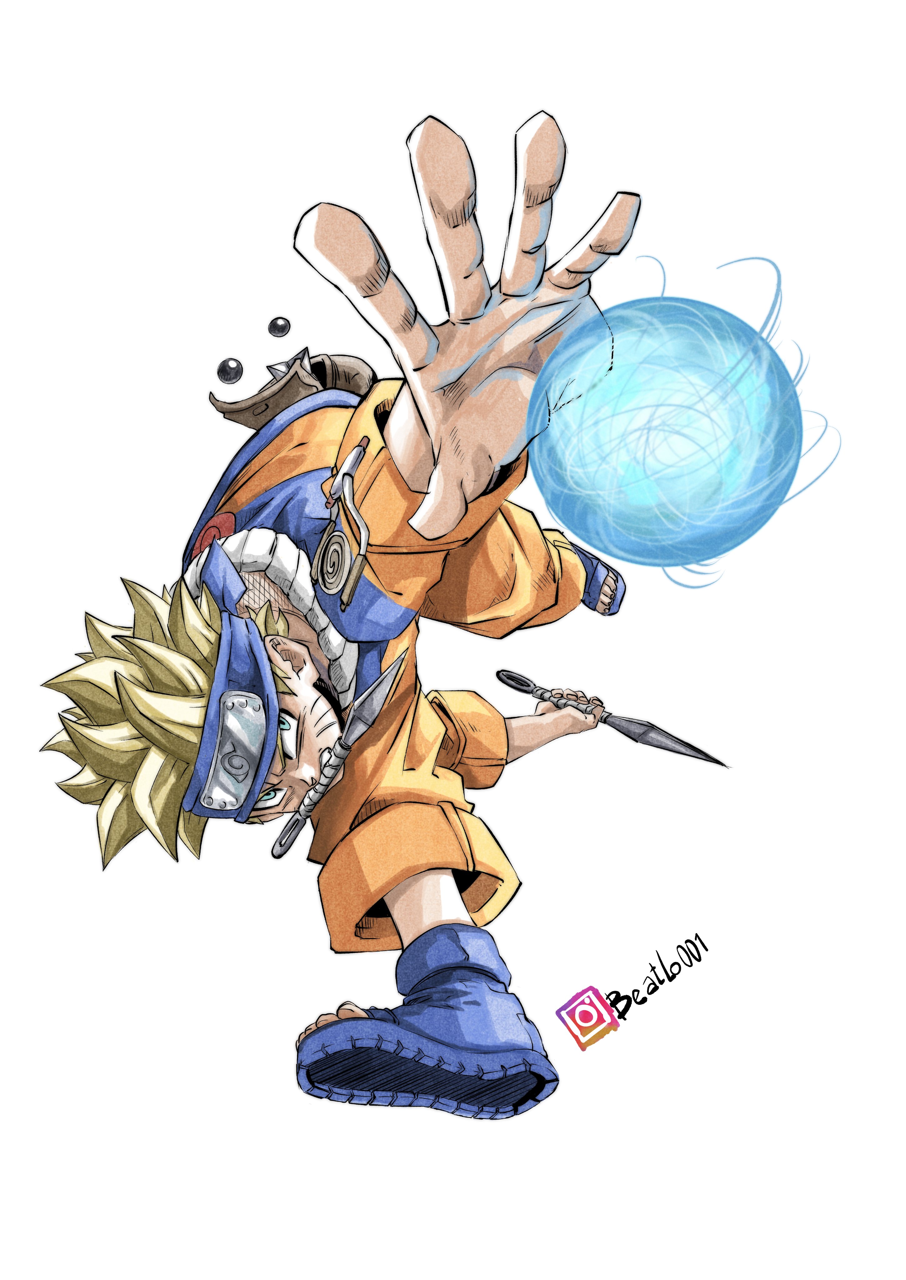 beatlo (rodrigo38658978), uzumaki naruto, dragon ball, naruto (classic), naruto (series), absurdres, highres, 1boy, blonde hair, blue eyes, blue headband, energy orb, facial mark, forehead protector, full body, headband, instagram logo, instagram username, jacket, kunai, male focus, ninja, orange jacket, orange pants, pants, rasengan, short hair, simple background, solo, spiked hair, toriyama akira (style), weapon, whisker markings, white background