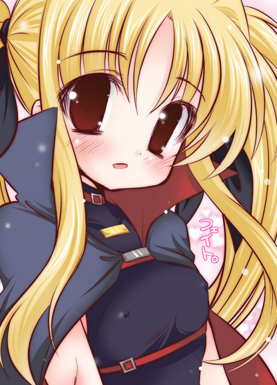 shiitake miya donko, fate testarossa, fate testarossa (lightning form), lyrical nanoha, mahou shoujo lyrical nanoha, 00s, 1girl, :d, belt, blonde hair, buckle, cape, covered erect nipples, female focus, flat chest, looking at viewer, open mouth, red eyes, sidelocks, smile, solo, upper body