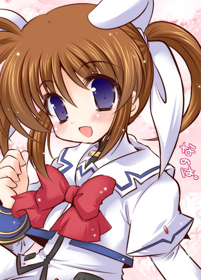 shiitake miya donko, takamachi nanoha, lyrical nanoha, mahou shoujo lyrical nanoha, mahou shoujo lyrical nanoha a's, 00s, 1girl, blue eyes, blush, bow, brown hair, female focus, purple eyes, solo