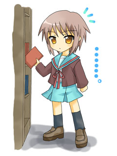 nagato yuki, suzumiya haruhi no yuuutsu, silver hair, lowres, non-web source, 00s, book, cardigan, chibi, qvga, school uniform, serafuku, short hair, solo, yellow eyes