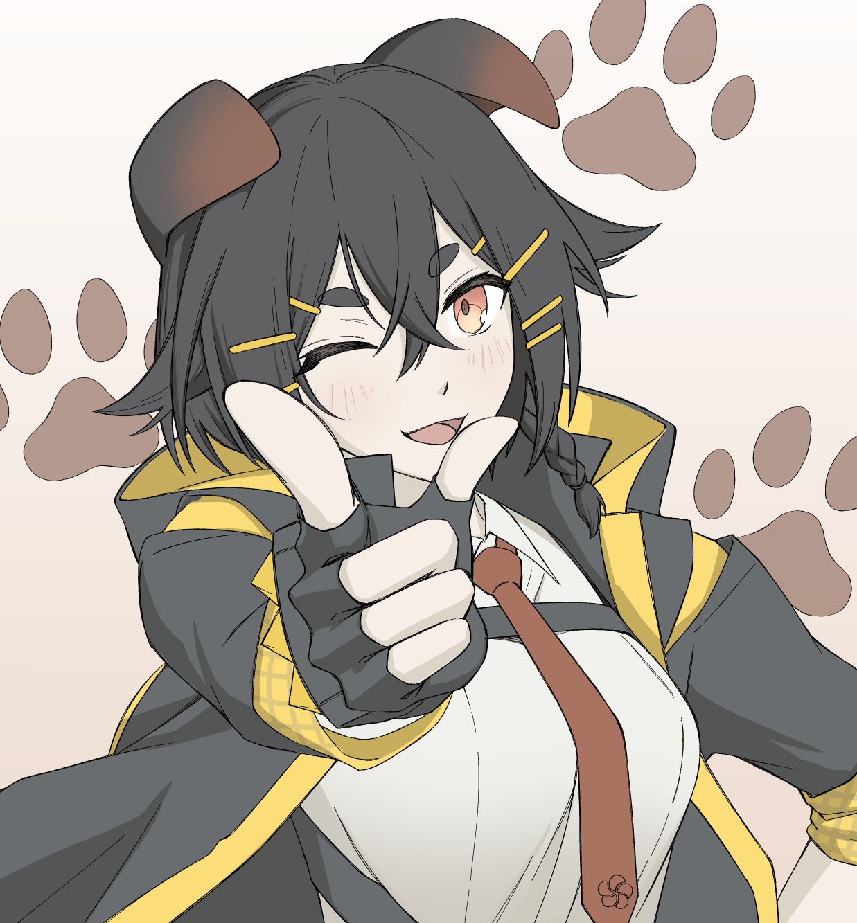 kyoro (kyoroillust), jackie (arknights), arknights, chinese commentary, commentary, highres, mixed-language commentary, 1girl, ;d, animal ears, black gloves, black hair, black jacket, blush, braid, breasts, brown background, brown eyes, brown necktie, dog ears, fingerless gloves, gloves, hair between eyes, hair ornament, hairclip, hand on own hip, jacket, long sleeves, looking at viewer, medium breasts, necktie, one eye closed, open clothes, open jacket, open mouth, outstretched arm, pointing, pointing at viewer, shirt, short eyebrows, simple background, smile, solo, thick eyebrows, upper body, white shirt