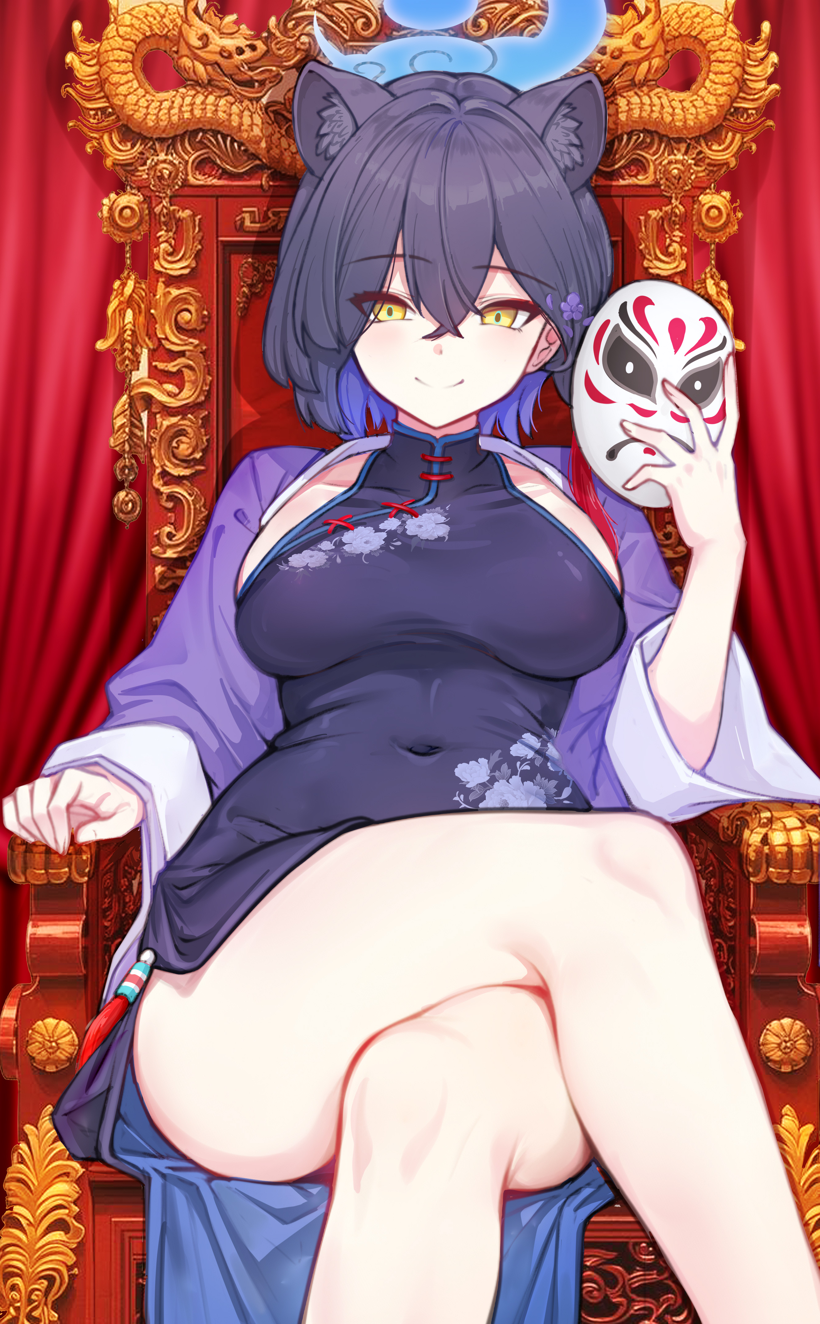 ankomochi142, kaguya (blue archive), blue archive, absurdres, commentary request, highres, 1girl, animal ears, black dress, blue halo, blush, breasts, china dress, chinese clothes, closed mouth, colored inner hair, dress, extra ears, hair bun, hair ornament, halo, holding, holding mask, knee up, large breasts, looking at viewer, mask, multicolored hair, panther ears, panther girl, sideboob, single hair bun, smile, solo, tassel, tassel hair ornament, thighs, turtleneck, turtleneck dress