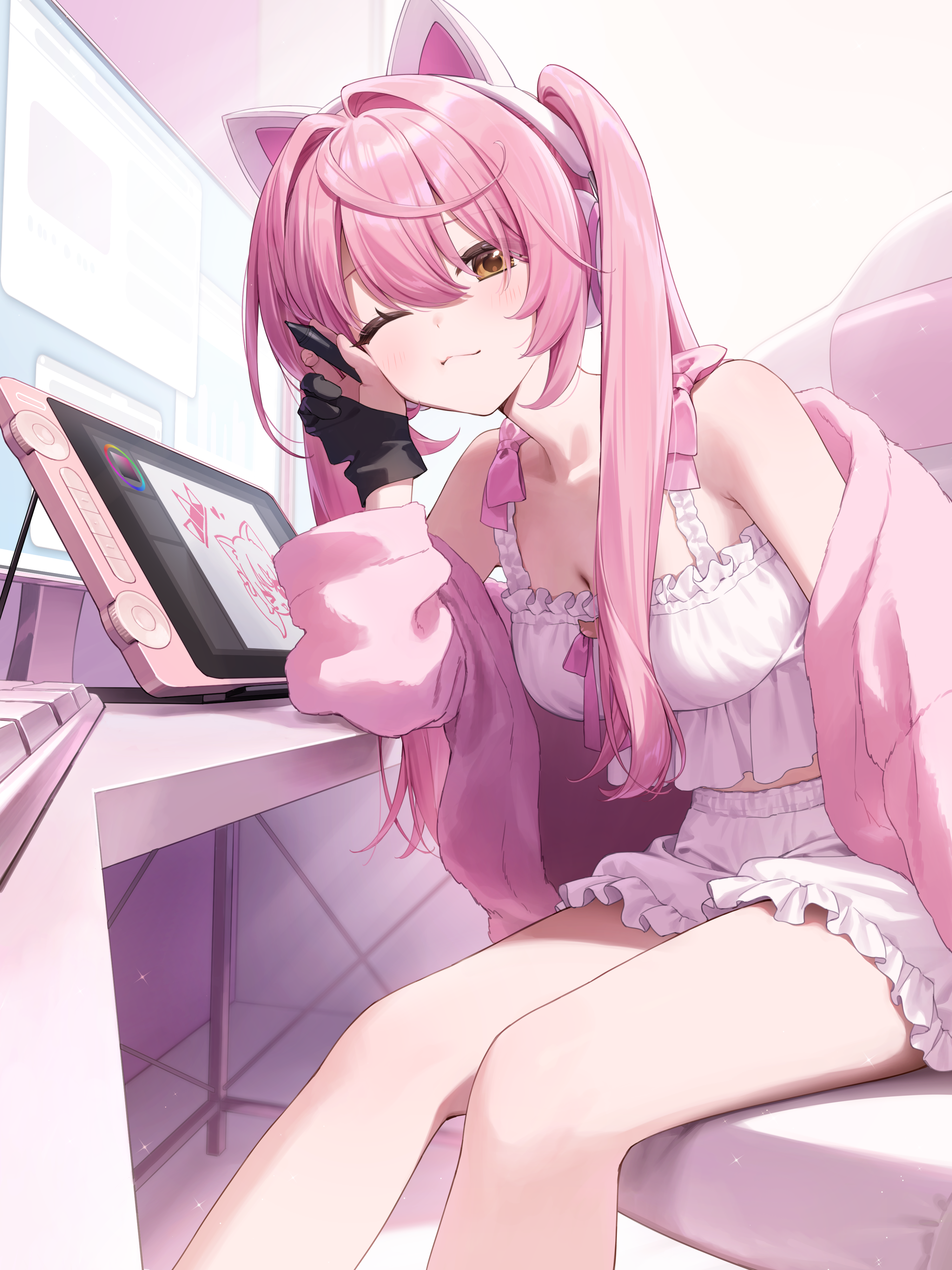 akabino, axent wear, huion, original, absurdres, commentary request, highres, 1girl, animal ear headphones, animal ears, bare shoulders, black gloves, cat ear headphones, cat ears, closed mouth, fake animal ears, frilled shirt, frilled shorts, frills, gloves, headphones, holding, holding stylus, jacket, long hair, long sleeves, looking at viewer, midriff peek, off shoulder, one eye closed, open clothes, open jacket, partially fingerless gloves, pink hair, pink jacket, pink theme, shirt, shorts, sitting, sleeveless, sleeveless shirt, smile, solo, stylus, tablet pc, thighs, twintails, white shirt, white shorts, yellow eyes