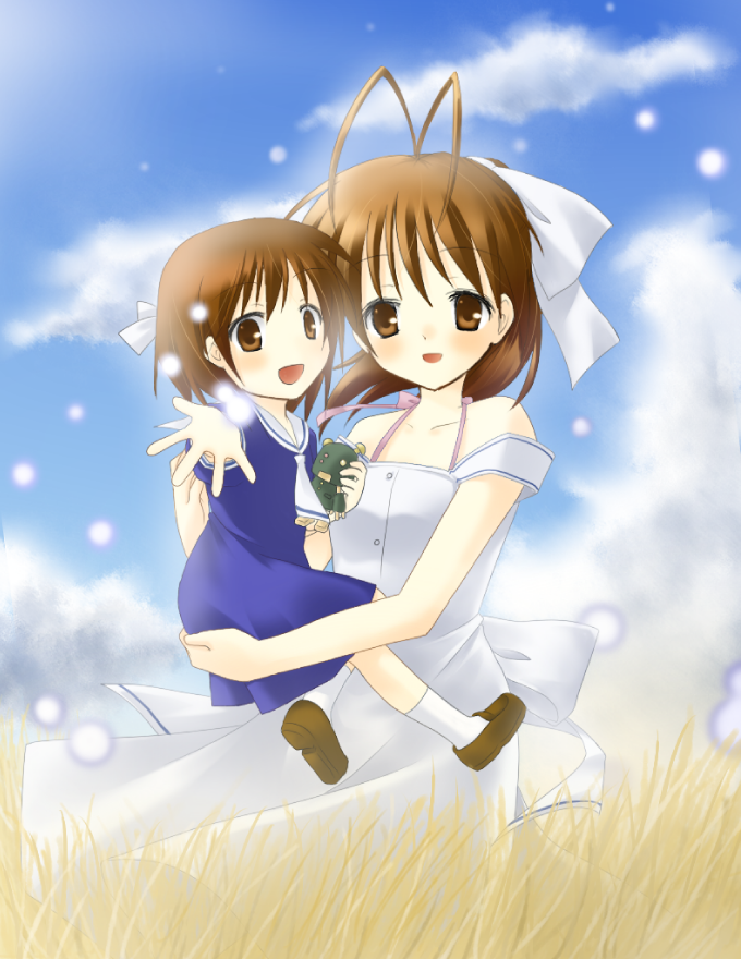 mikage kannazuki, furukawa nagisa, okazaki ushio, clannad, bad id, bad pixiv id, 00s, age difference, antenna hair, brown eyes, brown hair, dandelion, flower, grass, mother and daughter, short hair