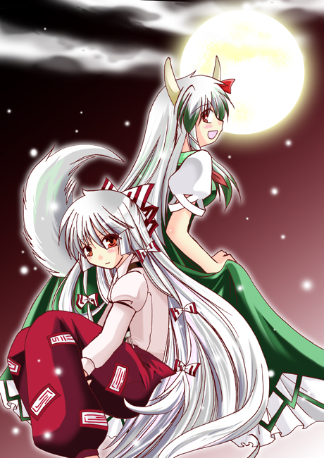 dolce latte (artist), rindou matsuri, ryuutan matsuri, ex-keine, fujiwara no mokou, kamishirasawa keine, touhou, silver hair, 2girls, female focus, full moon, green hair, horns, long hair, moon, multiple girls, ribbon