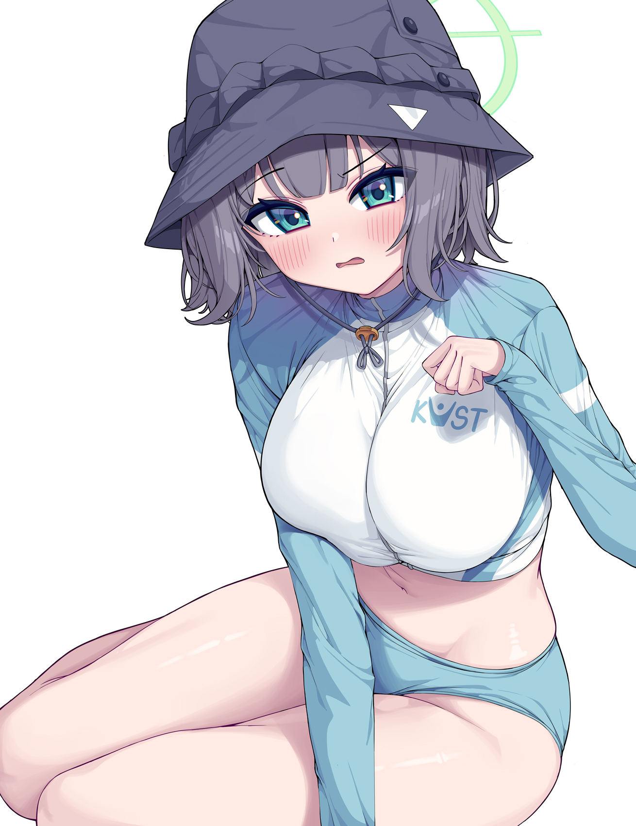 metaljelly, saki (blue archive), saki (swimsuit) (blue archive), blue archive, commentary request, highres, 1girl, black hair, black hat, blush, breasts, bucket hat, green halo, halo, hat, large breasts, long sleeves, looking at viewer, midriff, navel, open mouth, rash guard, short hair, simple background, solo, standing, thighs, white background