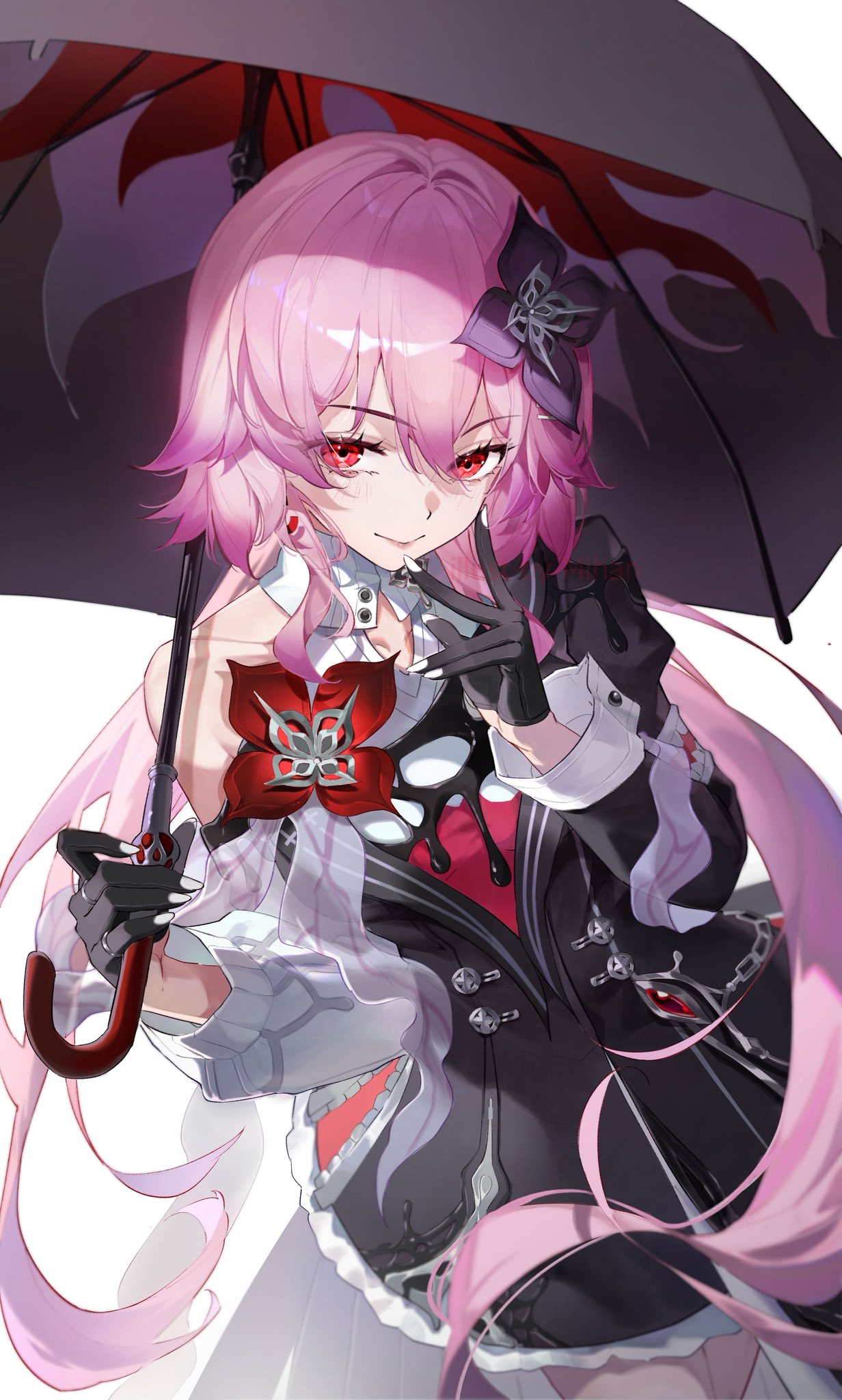 mihan (mihan art), evernight (honkai: star rail), march 7th (honkai: star rail), honkai: star rail, honkai (series), bad id, bad twitter id, commentary, hashtag-only commentary, highres, 1girl, asymmetrical clothes, black dress, black gloves, black umbrella, breasts, closed mouth, cowboy shot, dress, flower, gloves, hair between eyes, hair flower, hair ornament, half gloves, hand up, holding, holding umbrella, long hair, long sleeves, looking at viewer, medium breasts, pink hair, purple flower, red eyes, simple background, single bare shoulder, smile, solo, umbrella, very long hair, white background