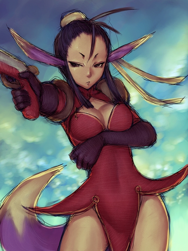 fumio (rsqkr), ursula (breath of fire), breath of fire, breath of fire iv, capcom, 1girl, animal ears, antenna hair, arm under breasts, black eyes, blue hair, breasts, cleavage, cleavage cutout, clothing cutout, dress, eyeshadow, female focus, frown, gloves, gun, makeup, ribbon, short dress, small breasts, solo, tail, thighs, weapon