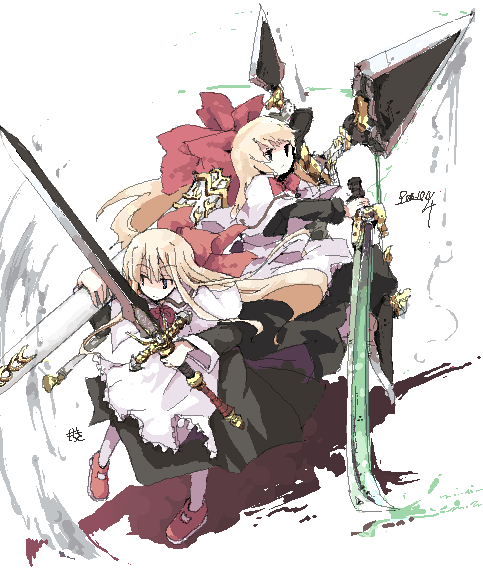 mochiki, shanghai doll, touhou, 2girls, blonde hair, doll, female focus, long hair, multiple girls, oekaki, ribbon, standing, sword, weapon, white background