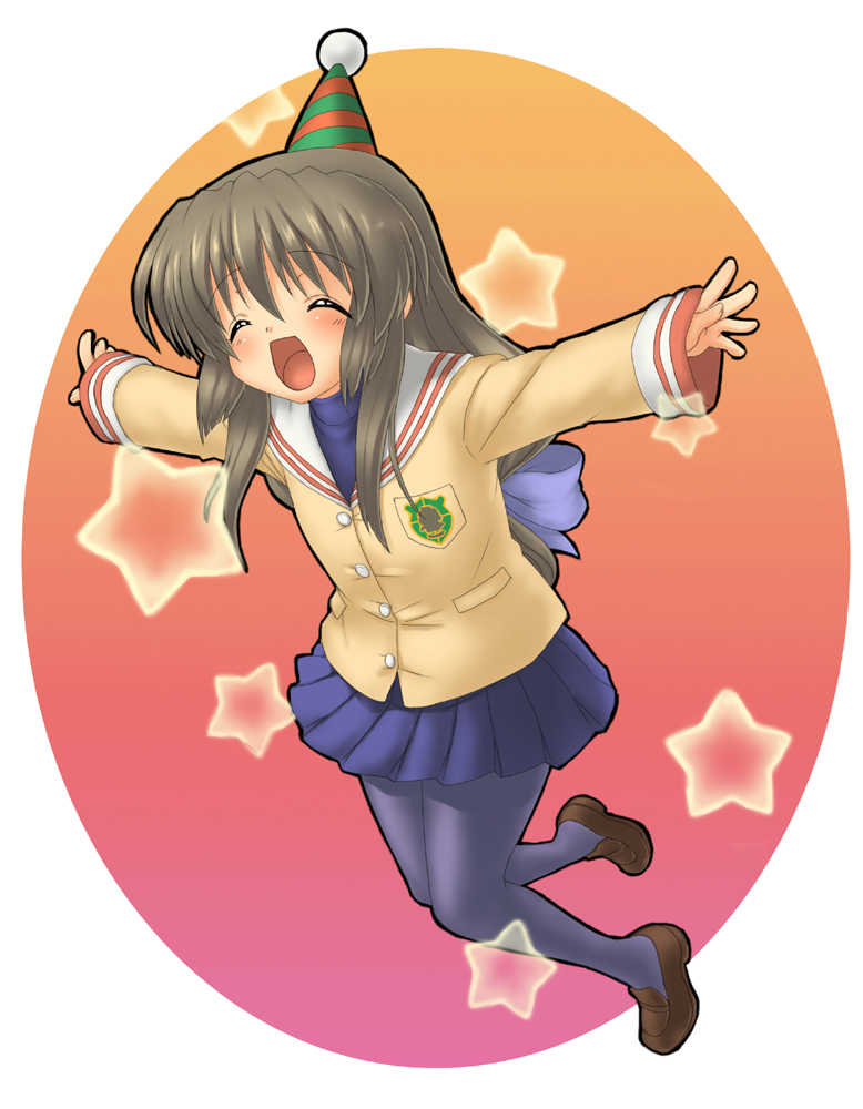 rokko, ibuki fuuko, clannad, bad id, bad pixiv id, 00s, brown hair, closed eyes, happy state, hat, long hair, pantyhose, party hat, school uniform, serafuku, solo, star (symbol)