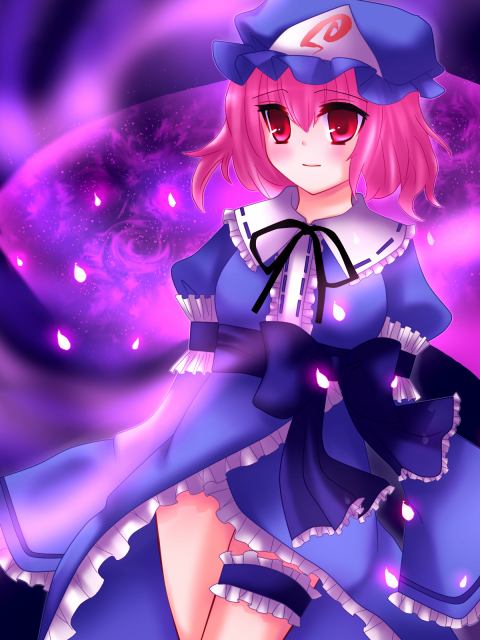 adaajt, nakano (pixiv), saigyouji yuyuko, touhou, 1girl, female focus, japanese clothes, kimono, petals, pink hair, ribbon, short hair, solo