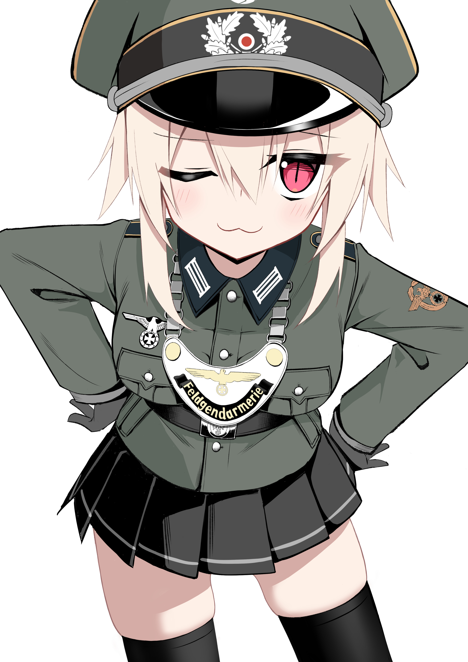 jiseki rena, original, absurdres, highres, 1girl, :3, belt, black gloves, black skirt, black thighhighs, blonde hair, cross, epaulettes, gloves, green jacket, hands on own hips, hat, iron cross, jacket, leaning forward, looking at viewer, military hat, military police, military uniform, one eye closed, peaked cap, red eyes, reichsadler, rena (jiseki rena), short hair, skirt, slit pupils, solo, thighhighs, thighs, tsurime, white background
