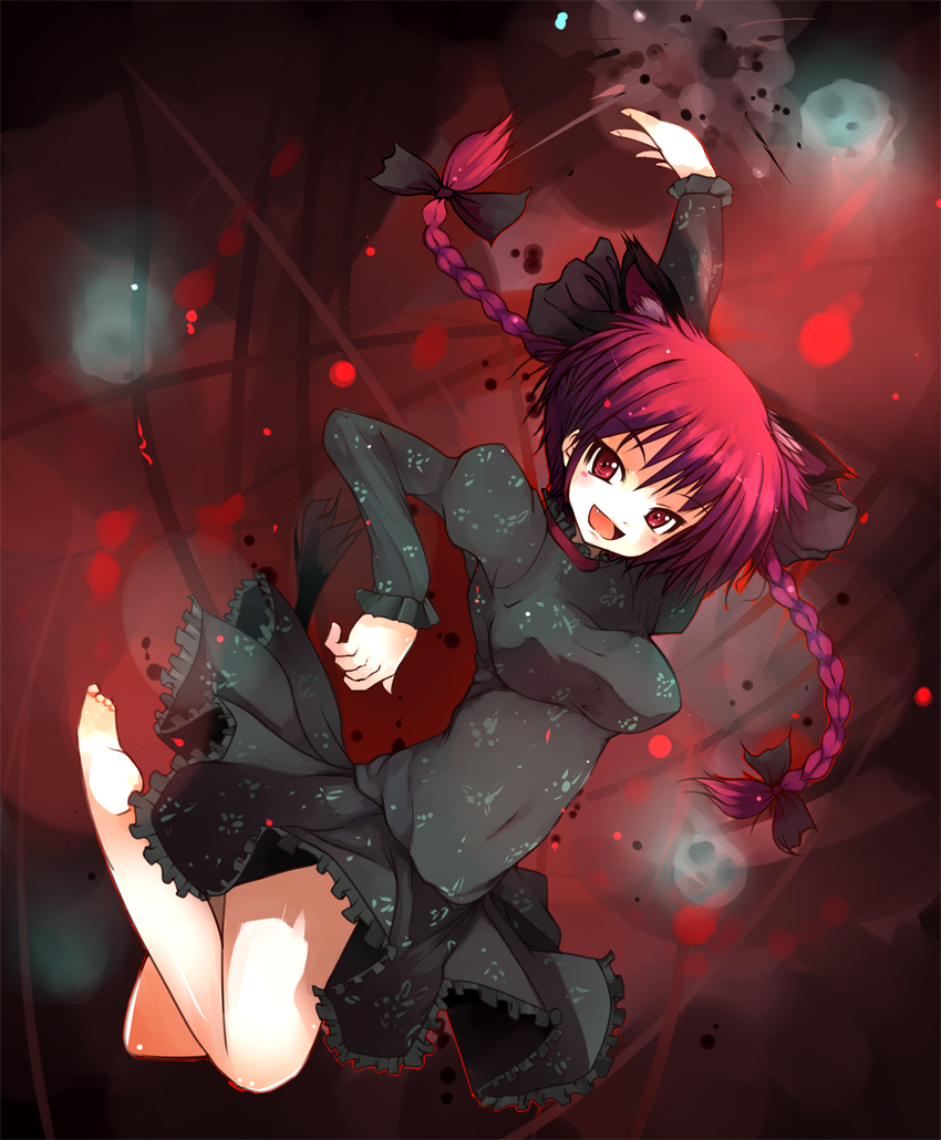 ippongui, kaenbyou rin, touhou, 1girl, :d, animal ears, artistic error, barefoot, blush stickers, braid, cat ears, cat girl, dress, extra ears, fang, female focus, impossible clothes, impossible dress, looking at viewer, open mouth, red hair, ribbon, smile, solo, twin braids, twintails, wrong foot