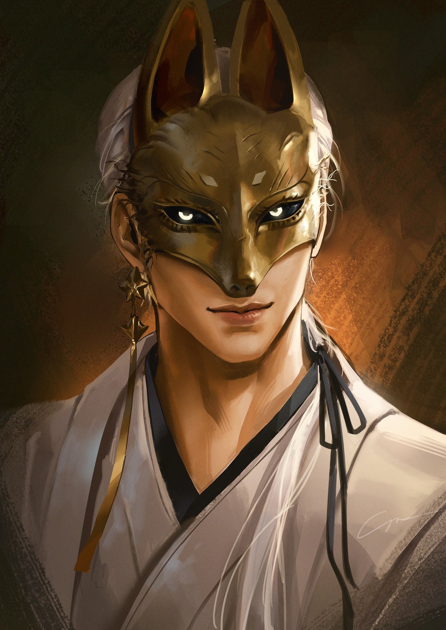 crovius, fox mask (silent hill), silent hill (series), silent hill f, highres, 1boy, earrings, japanese clothes, jewelry, kimono, long hair, male focus, mask, ponytail, solo, white hair, white kimono