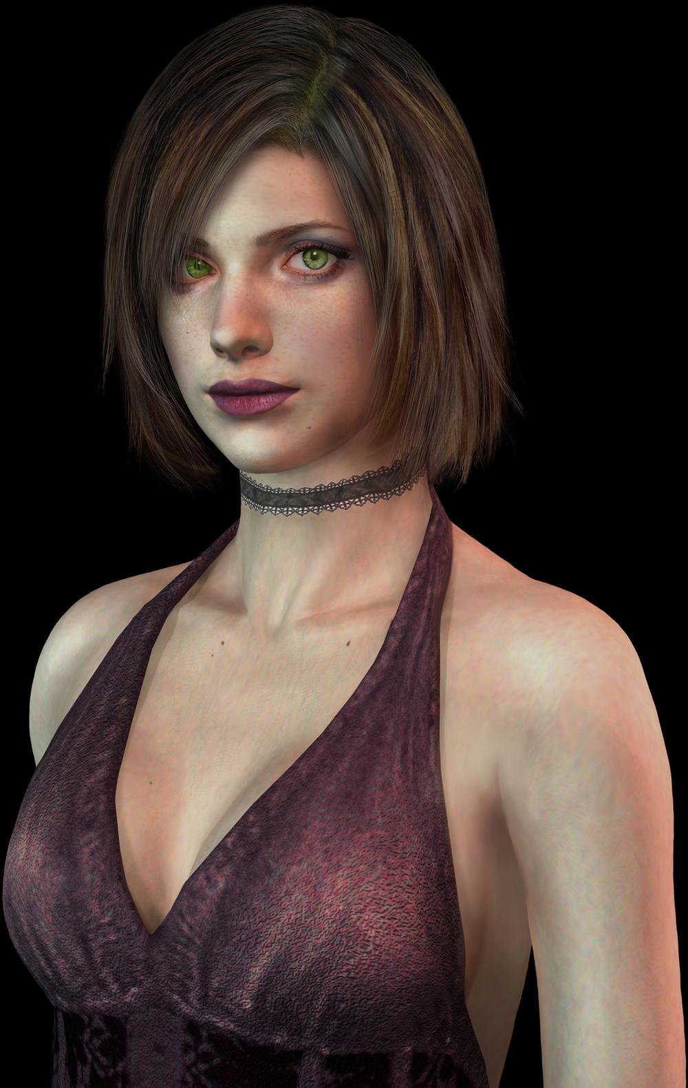 eileen galvin, galvin eileen, silent hill, silent hill (series), silent hill 4: the room, highres, official art, 1girl, 3d, bare shoulders, breasts, brown hair, cleavage, dress, female focus, green eyes, lips, short hair, solo