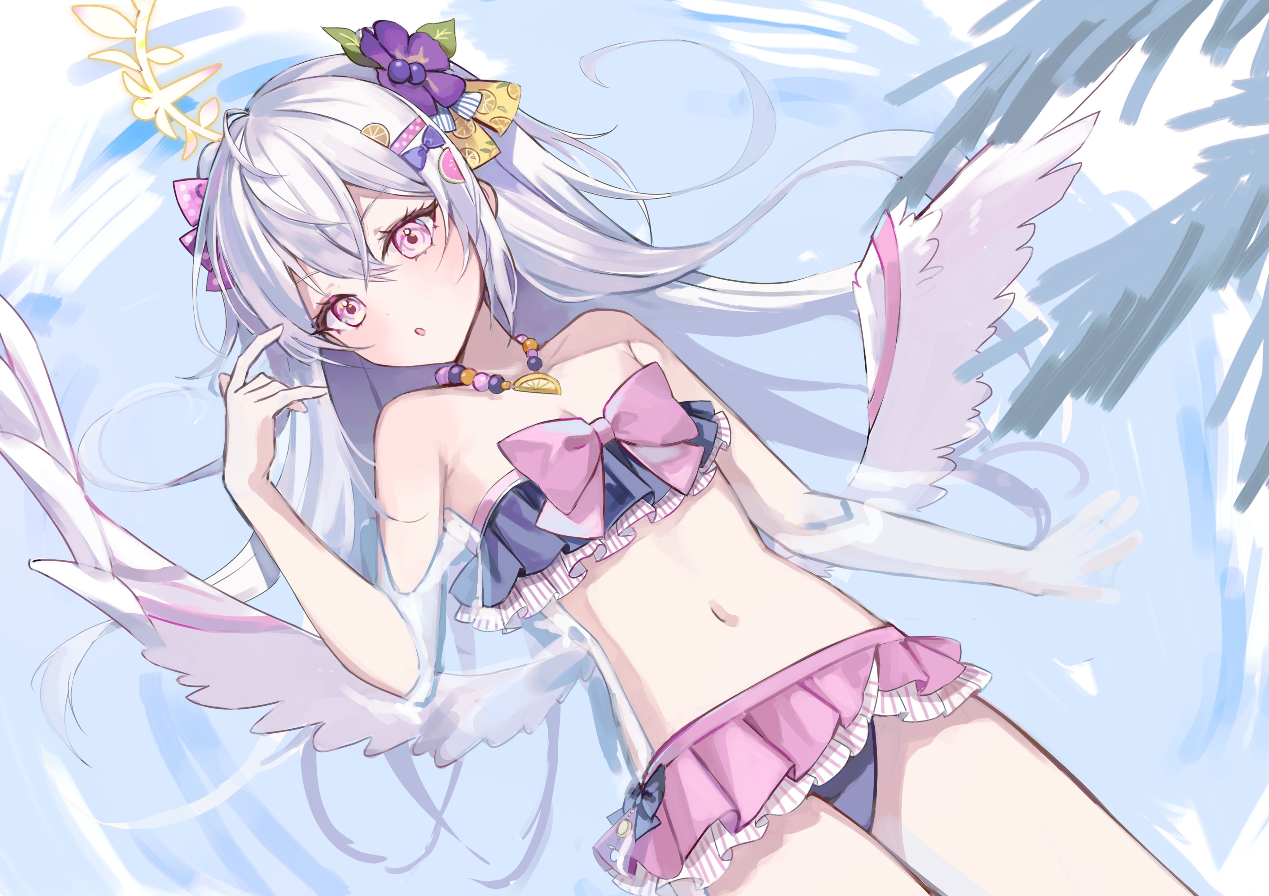 nez (nez 0 0), azusa (blue archive), blue archive, absurdres, highres, 1girl, bare arms, bare legs, bare shoulders, bikini, bow, breasts, cleavage, day, feathered wings, frilled bikini, frills, grey hair, hair between eyes, halo, long hair, lying, navel, on back, pink bikini, pink eyes, small breasts, solo, stomach, swimsuit, thighs, very long hair, water, wings