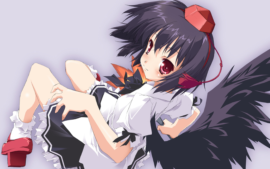 yamano sachi, shameimaru aya, touhou, 1girl, black hair, black wings, female focus, geta, hat, looking at viewer, ribbon, short hair, skirt, solo, tengu-geta, wings