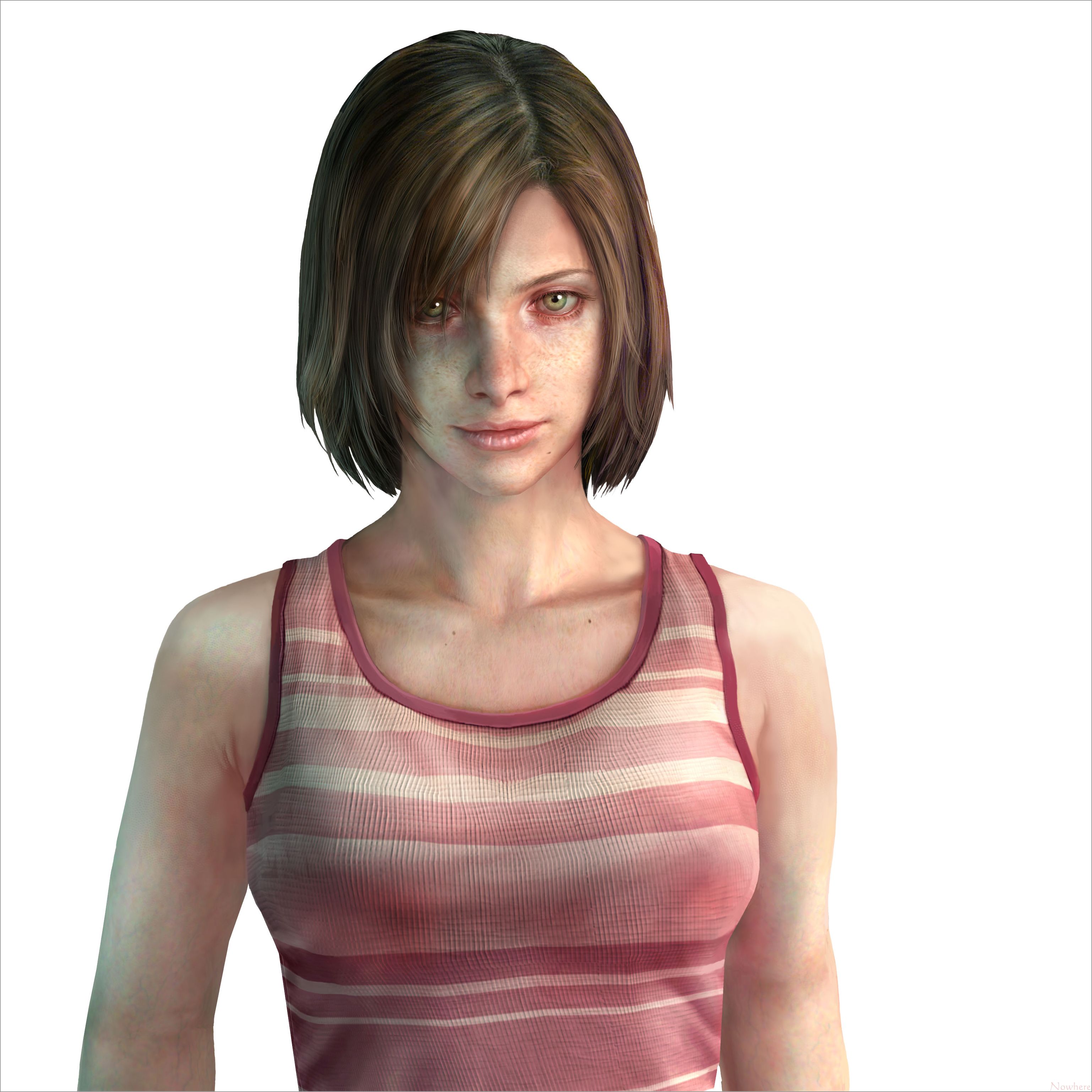 eileen galvin, galvin eileen, silent hill, silent hill (series), silent hill 4: the room, absurdres, highres, official art, 1girl, 3d, brown hair, female focus, freckles, green eyes, short hair, solo, upper body
