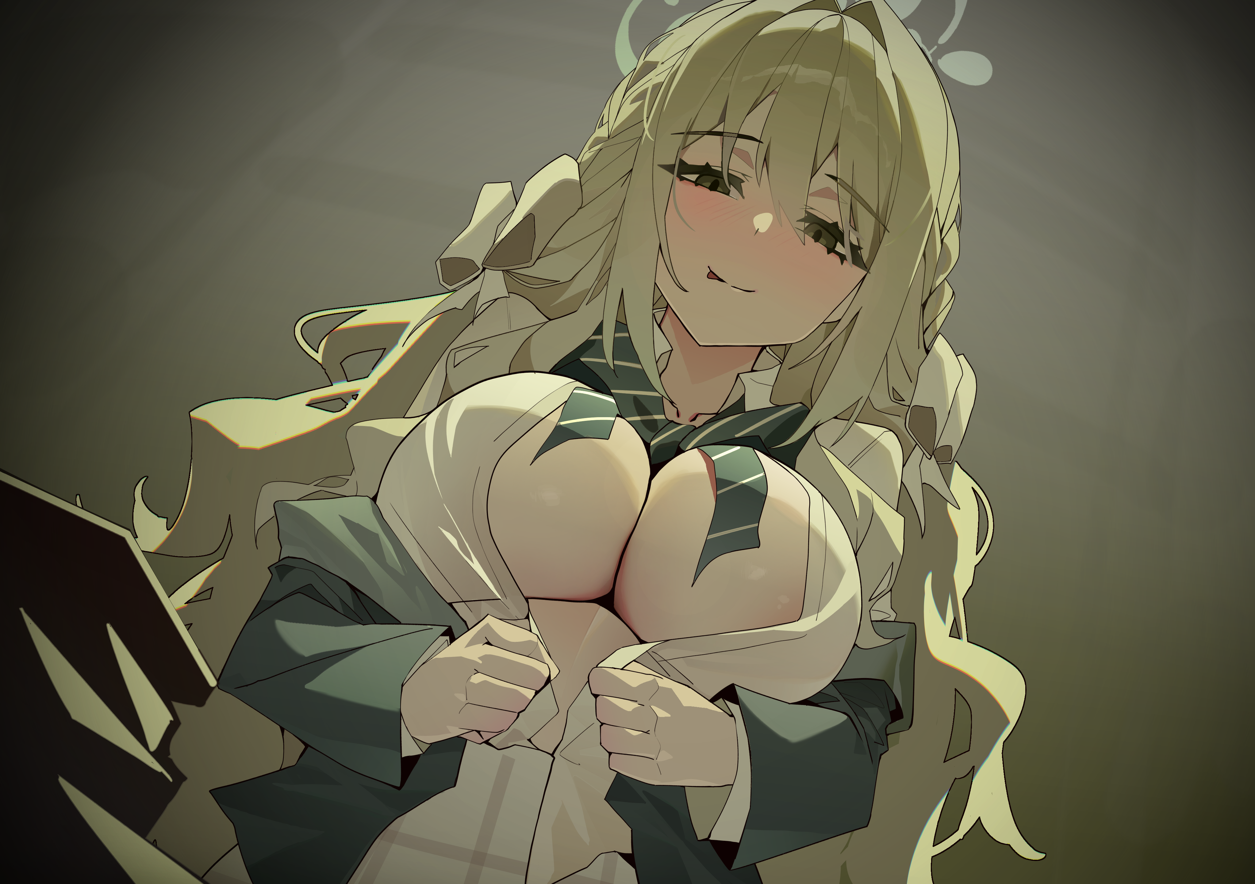 its2h35, miyo (blue archive), blue archive, absurdres, commentary, highres, 1girl, ;p, areola slip, blush, bow, bowtie, breasts, diagonal-striped bow, diagonal-striped bowtie, diagonal-striped clothes, dutch angle, from below, green bow, green bowtie, green jacket, grey hair, hair bow, hair intakes, halo, jacket, large breasts, long hair, looking at viewer, one eye closed, shirt, smile, solo, striped bow, striped bowtie, striped clothes, tongue, tongue out, very long hair, white bow, white shirt