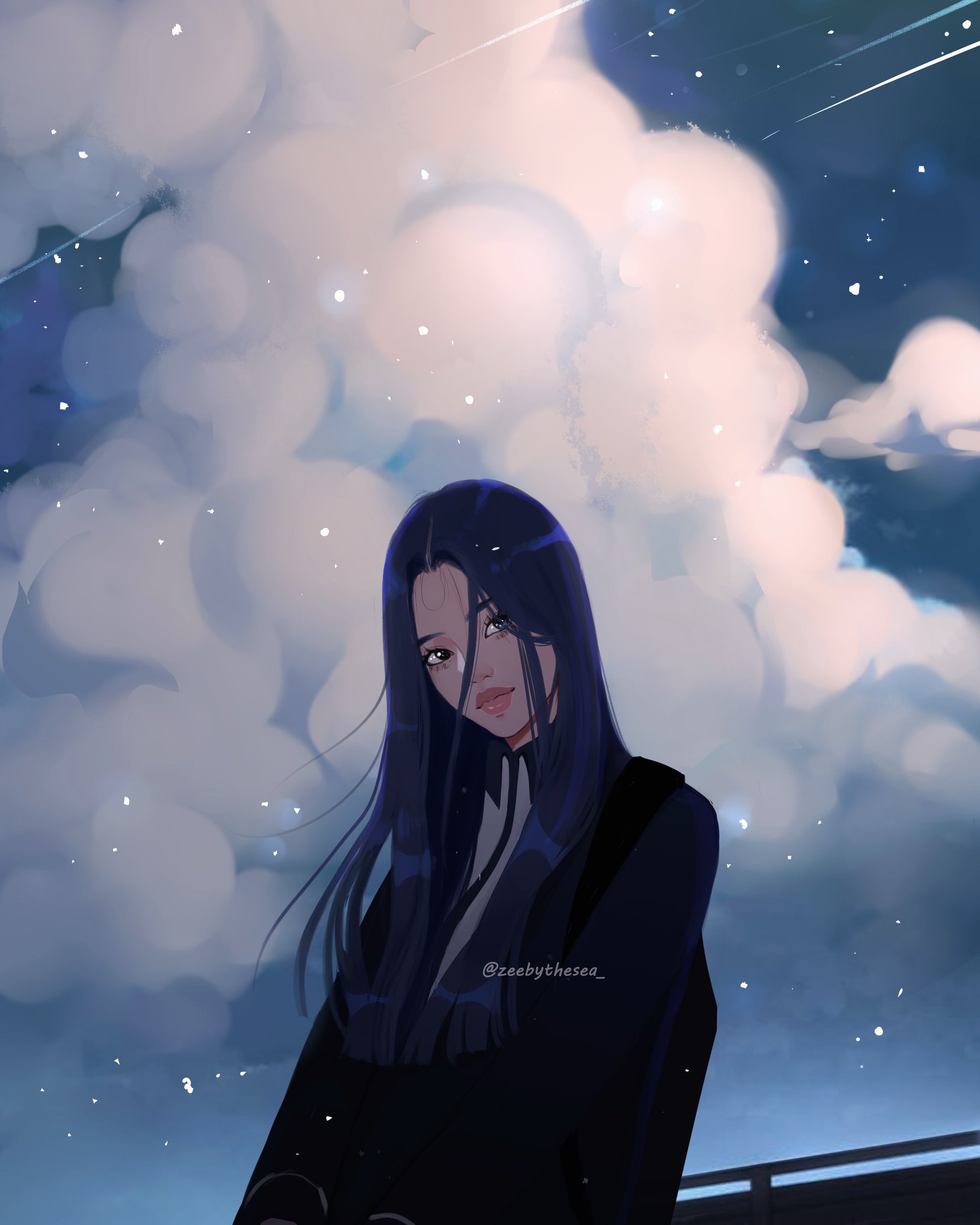 zeebythesea, umi (zeebythesea), original, highres, 1girl, aegyo sal, against railing, asian, backpack, bag, black bag, black eyes, black jacket, blazer, blue eyes, blue hair, blue trim, blunt ends, cloud, cloudy sky, collared shirt, cumulonimbus cloud, evening, eyelashes, floating hair, heterochromia, jacket, light particles, light smile, long hair, looking at viewer, parted bangs, railing, shirt, shooting star, sky, star (sky), thick eyebrows, thick lips, twitter username, white background