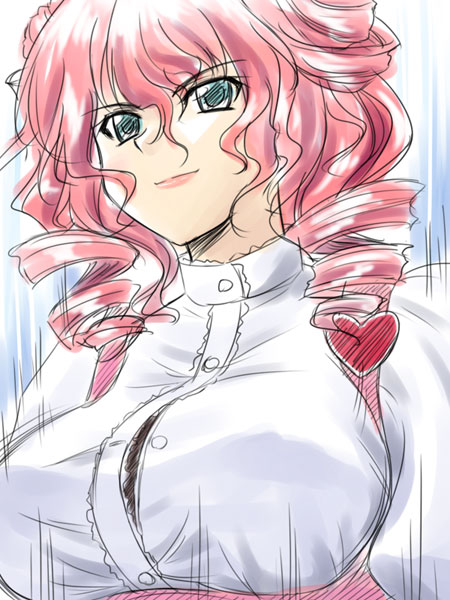 masakichi (crossroad), xine espio, anna miller, banpresto, super robot wars, super robot wars z, super robot wars z1, drill hair, green eyes, pink hair, sketch, solo, waitress