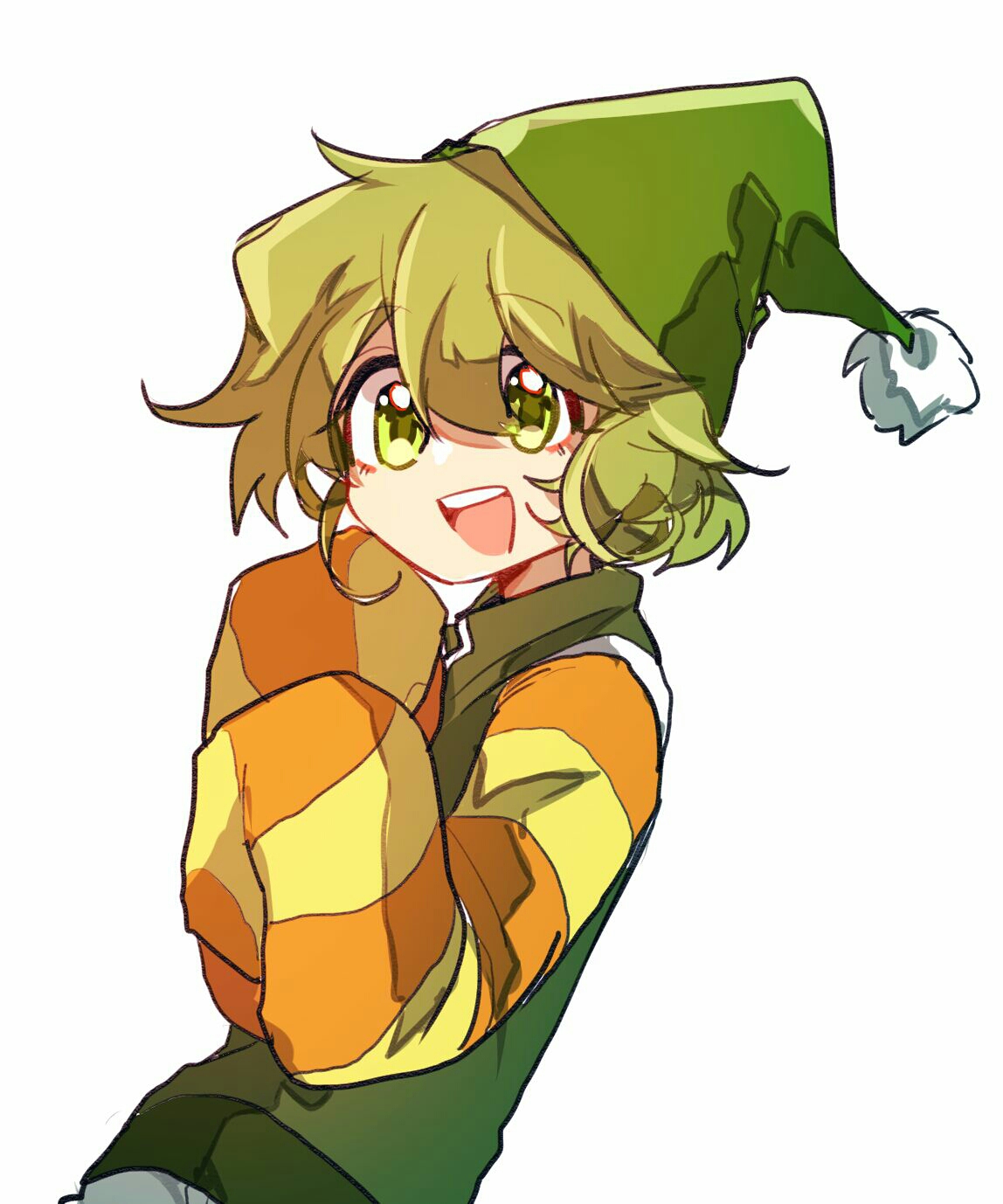 chinese commentary, commentary request, highres, 1boy, :d, animification, dick figures, double-parted bangs, green eyes, green hair, green hat, green jacket, hair between eyes, hands up, hat, jacket, jimihuaaa, looking ahead, lord tourettes, male focus, open mouth, orange shirt, pom pom (clothes), shirt, short hair, simple background, sleeveless, sleeveless jacket, sleeves past fingers, sleeves past wrists, smile, solo, striped clothes, striped shirt, teeth, two-tone shirt, upper body, upper teeth only, white background, wizard hat, yellow shirt