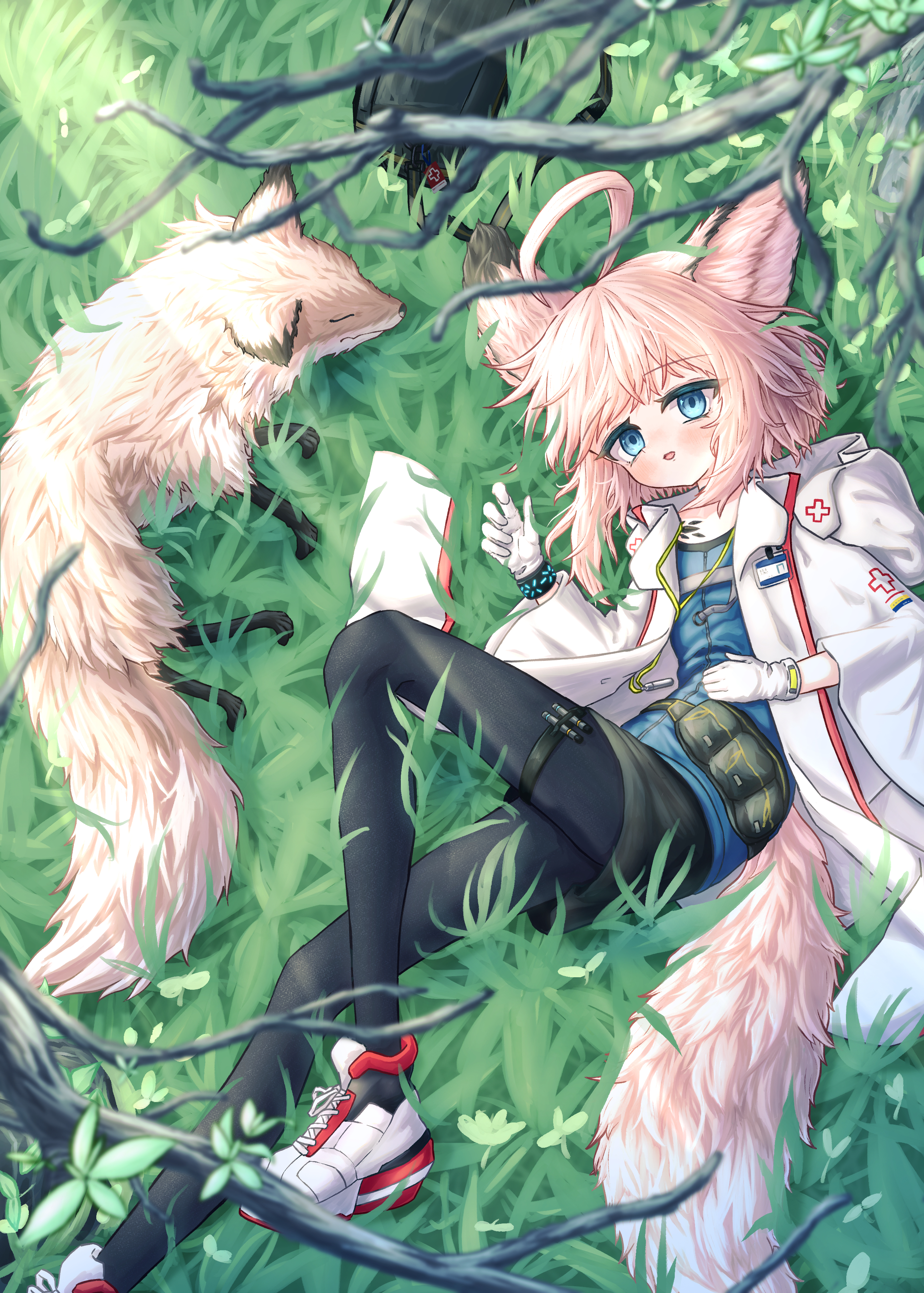 infection monitor (arknights), sussurro (arknights), arknights, absurdres, highres, 1girl, ahoge, animal ears, black pantyhose, blue eyes, blue vest, coat, fox, fox ears, fox girl, fox tail, gloves, looking at viewer, material growth, merooni, open mouth, oripathy lesion (arknights), pantyhose, pink hair, shoes, short hair, sneakers, solo, tail, vest, white coat, white gloves, white shoes
