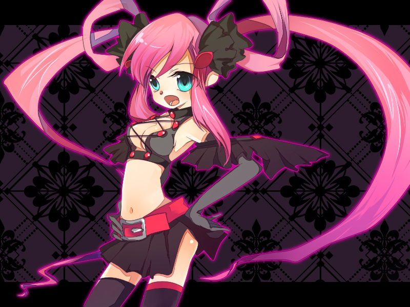 tokiwagi, yoshi kichi, original, looking away, bad id, bad pixiv id, 1girl, belt, blue eyes, breasts, cleavage cutout, clothing cutout, female focus, gloves, hair rings, long hair, navel, open mouth, pink hair, skirt, solo, thighhighs, twintails, very long hair, zettai ryouiki