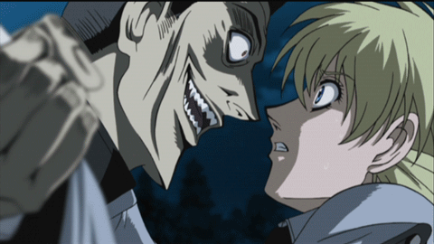 seras victoria, hellsing, animated, animated gif, anime screenshot, lowres, non-web source, 1boy, 1girl, blonde hair, blue eyes, breasts, deep skin, grabbing another's breast, groping, hetero, molestation, police, police uniform, policewoman, scared, you gonna get raped