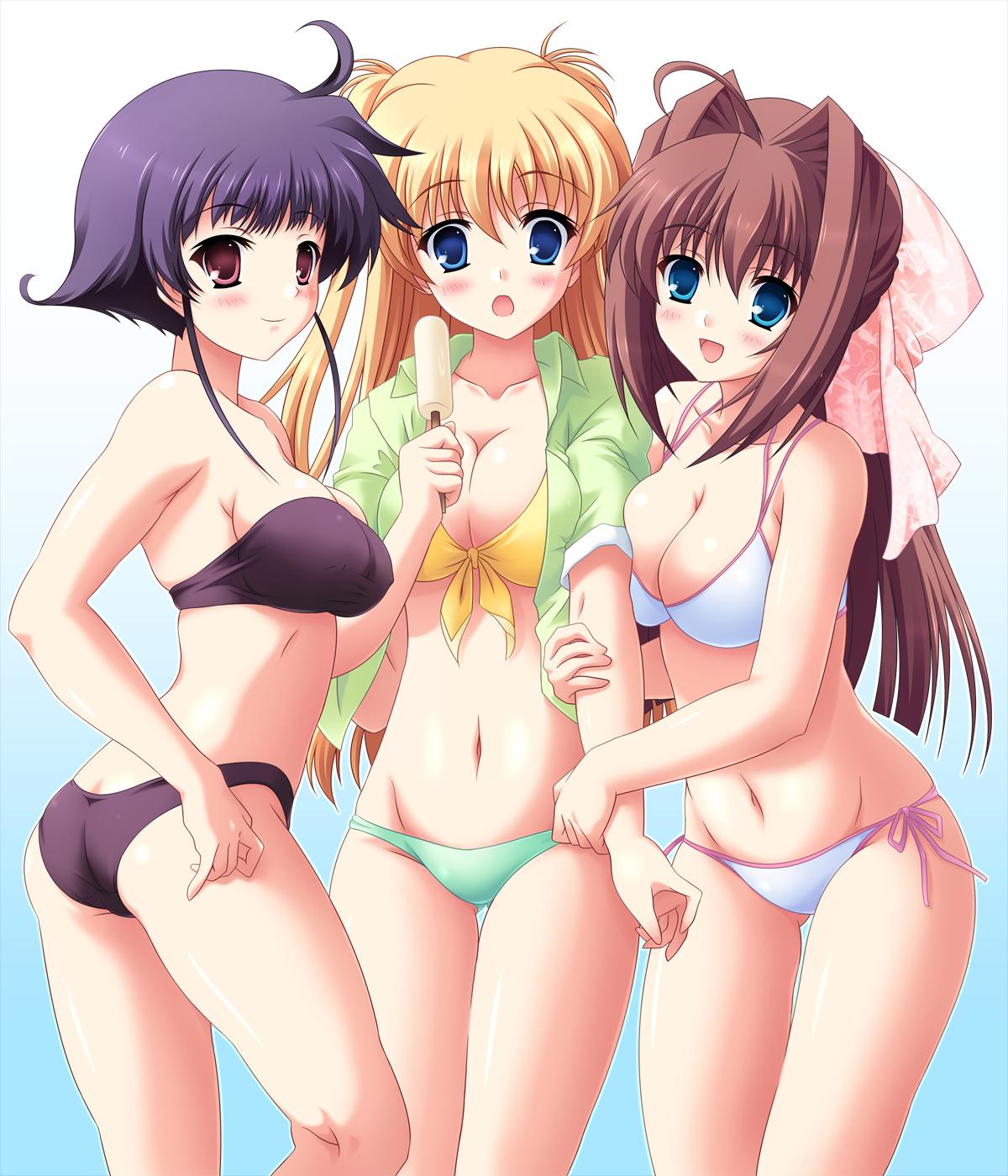 asakura otome, erika murasaki, kousaka mayuki, da capo, da capo ii, highres, 00s, 3girls, ass, bikini, black hair, blonde hair, blue eyes, breast press, breasts, brown hair, cleavage, food, ice cream, long hair, multiple girls, navel, ponytail, red eyes, ribbon, short hair, small breasts, swimsuit