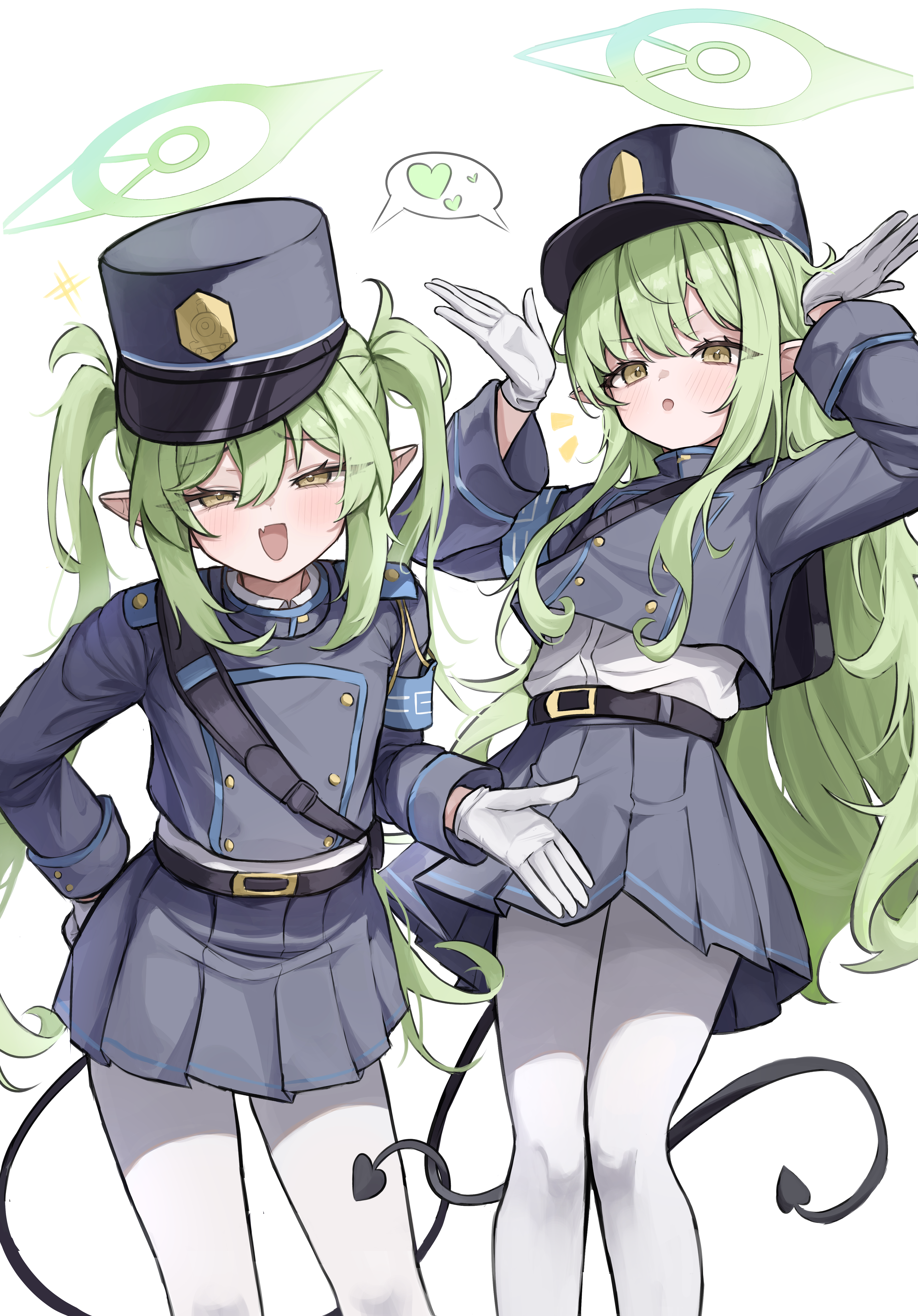 hoangryu, hikari (blue archive), nozomi (blue archive), blue archive, absurdres, commentary, highres, 2girls, armband, arms up, black tail, blue armband, blue hat, blue skirt, cosplay, cropped jacket, demon girl, demon tail, fang, feet out of frame, gloves, green hair, green halo, halo, hat, heart, hikari (blue archive) (cosplay), intertwined tails, long hair, long sleeves, looking at viewer, miniskirt, multiple girls, open mouth, pantyhose, peaked cap, pleated skirt, pointy ears, shared speech bubble, shirt, siblings, simple background, sisters, skin fang, skirt, speech bubble, spoken heart, tail, twins, twintails, very long hair, wavy hair, white background, white gloves, white pantyhose, white shirt, yellow eyes