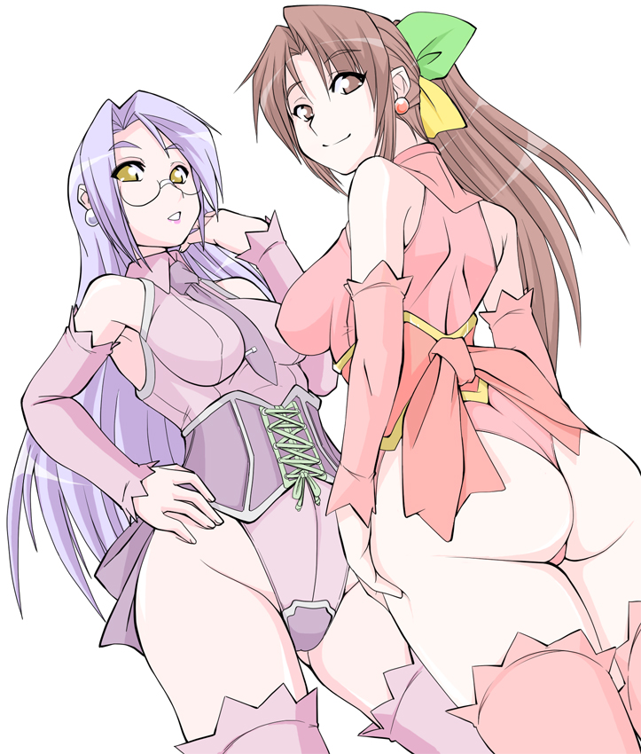 ruriwo (ruriwo1894), 95-tan, kiri-san, futaba channel, nijiura maids, os-tan, bad id, bad pixiv id, 2girls, ass, brown eyes, brown hair, corset, earrings, glasses, jewelry, long hair, multiple girls, necktie, one-piece thong, panties, ponytail, purple hair, thighhighs, thong, underwear, yellow eyes