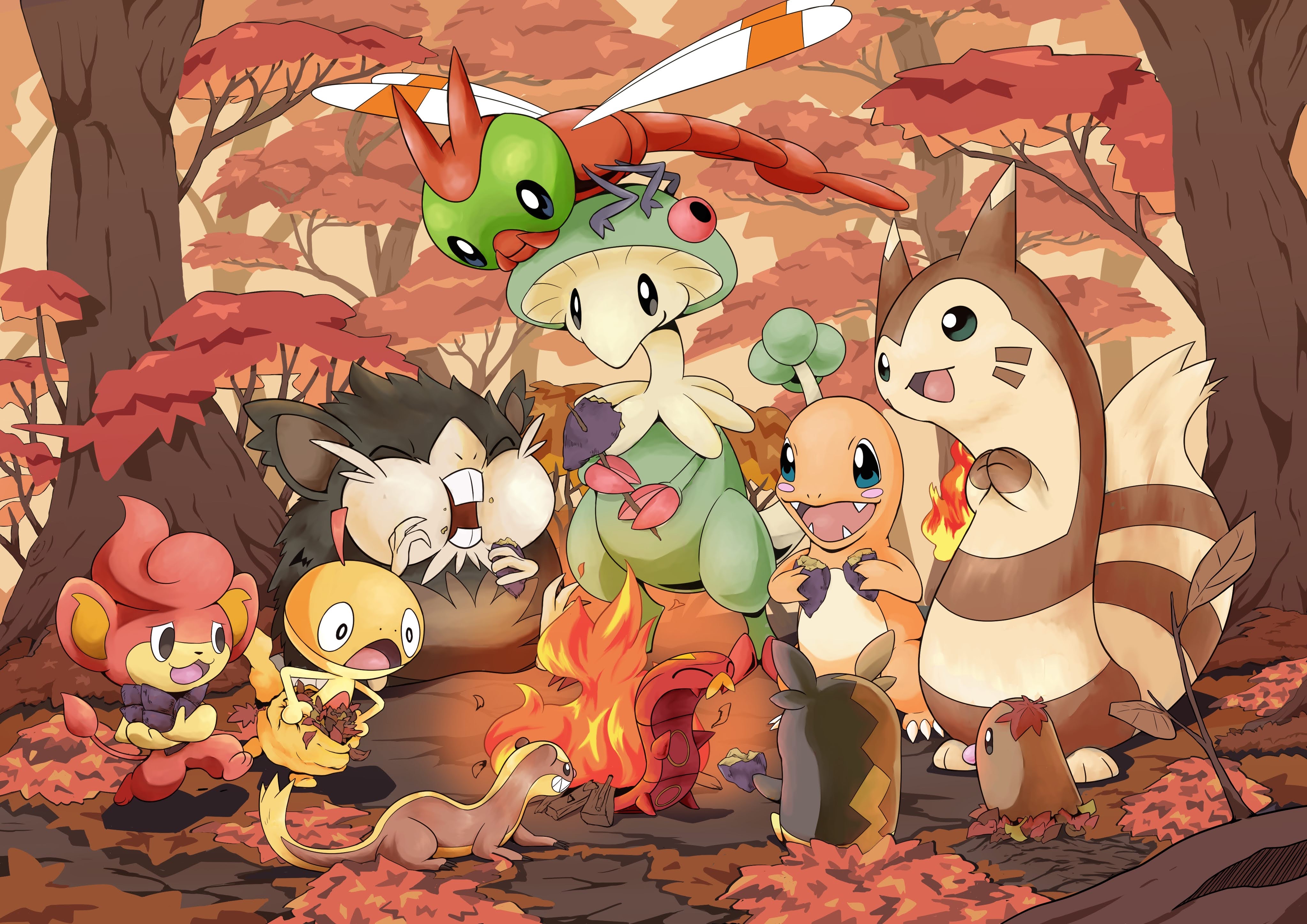 q-chan, alolan raticate, breloom, charmander, diglett, furret, morpeko, morpeko (full), pansear, scraggy, sizzlipede, yanma, yungoos, nintendo, pokemon, absurdres, commentary request, highres, alolan form, animal focus, autumn leaves, black eyes, bonfire, brown fur, closed eyes, eating, fangs, fire, food, forest, gen 1 pokemon, gen 2 pokemon, gen 3 pokemon, gen 5 pokemon, gen 7 pokemon, gen 8 pokemon, leaf, monkey, mouse (animal), nature, no humans, open mouth, pokemon (creature), roasted sweet potato, standing, sweet potato, tail, teeth, tree, two-tone fur, white fur