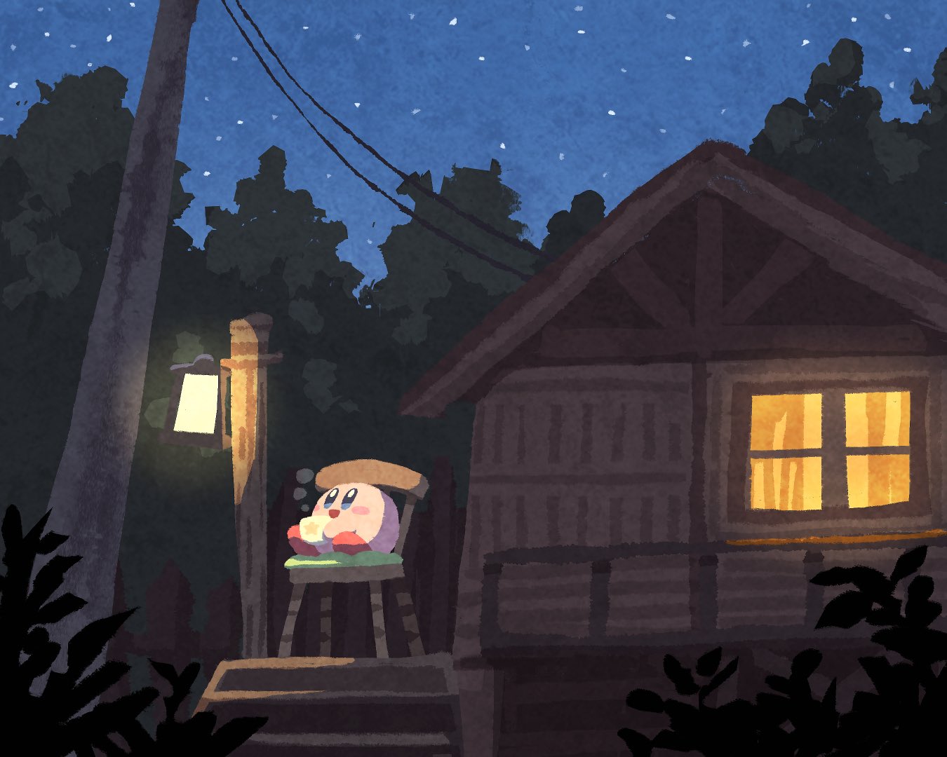 miclot, kirby, kirby (series), nintendo, original, commentary, symbol-only commentary, :d, blue eyes, blush stickers, chair, cup, holding, holding cup, house, lamppost, night, night sky, no humans, open mouth, outdoors, power lines, sky, smile, solo, star (sky), starry sky, tree, utility pole