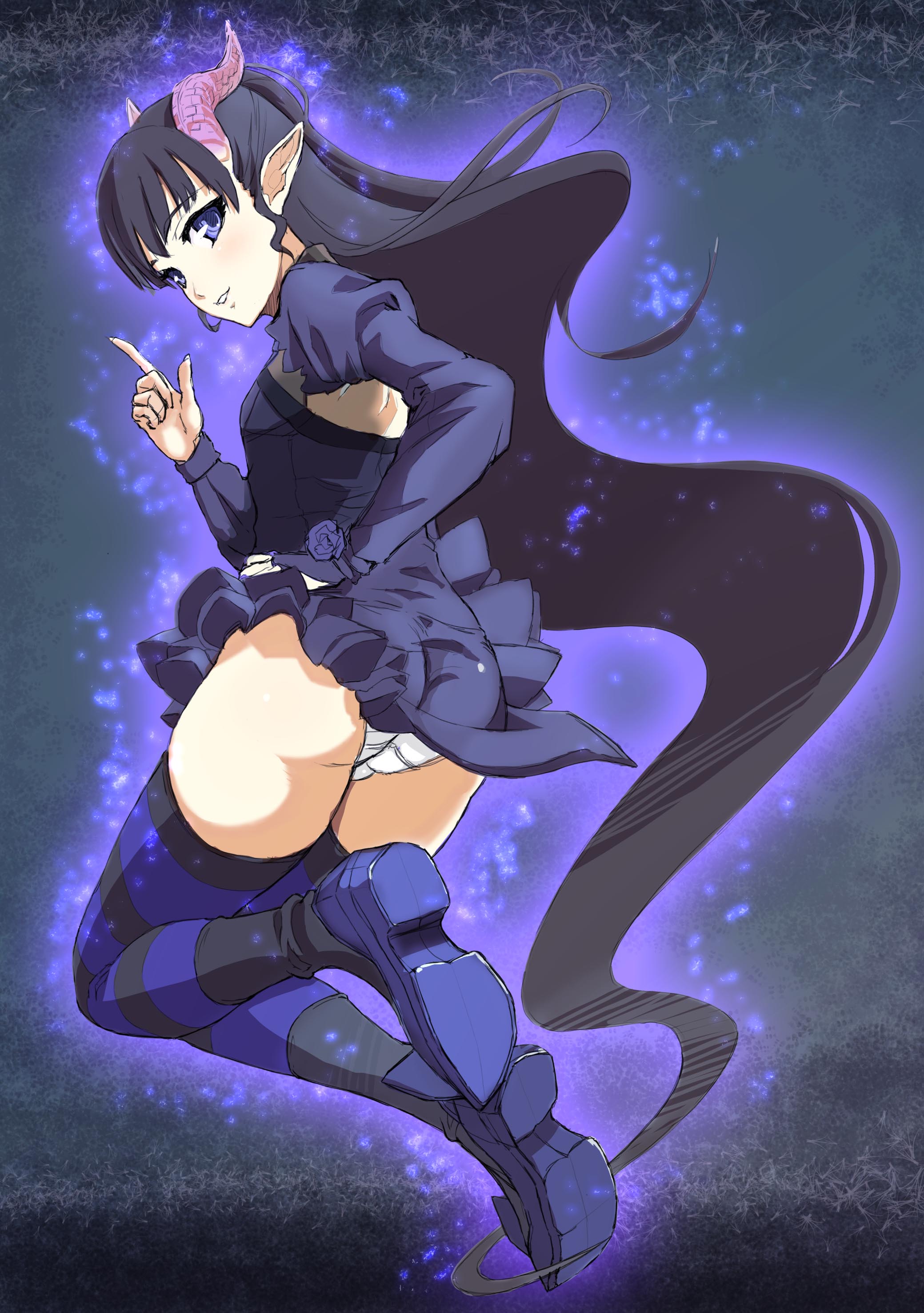 ookuma nekosuke, panda (pixiv), elea, blassreiter, absurdres, bad id, bad pixiv id, highres, 00s, 1girl, ass, black hair, blue eyes, female focus, flat chest, horns, long hair, looking back, panties, pantyshot, pointing, pointy ears, purple eyes, smile, solo, striped clothes, striped thighhighs, thighhighs, underwear, very long hair, white panties