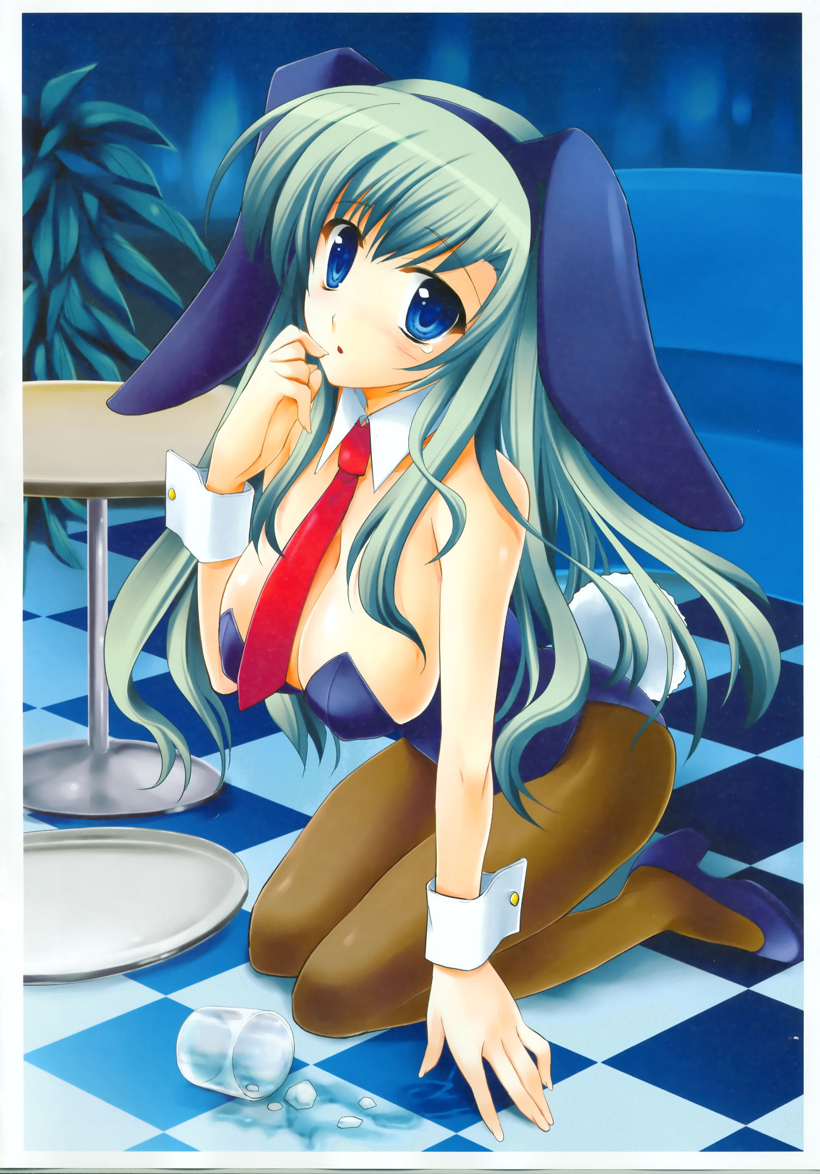 ariko youichi, megami magazine, megami magazine deluxe, highres, scan, 1girl, animal ears, blue eyes, breasts, checkered floor, cleavage, fake animal ears, female focus, floor, glass, green hair, high heels, kneeling, large breasts, long hair, necktie, pantyhose, playboy bunny, rabbit ears, shoes, solo, tears, tray, wrist cuffs