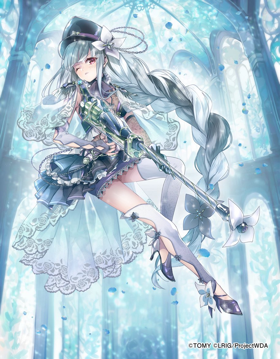 ech, alfou (wixoss), wixoss, official art, 1girl, big hair, black hair, black hat, black shirt, black shoes, black skirt, blue petals, braid, chain, closed mouth, copyright notice, detached sleeves, fishnet top, fishnets, grey hair, gun, hat, high heels, holding, holding gun, holding weapon, indoors, long hair, multicolored hair, one eye closed, pink eyes, shirt, shoes, single braid, skirt, solo, thighhighs, very long hair, weapon, white thighhighs
