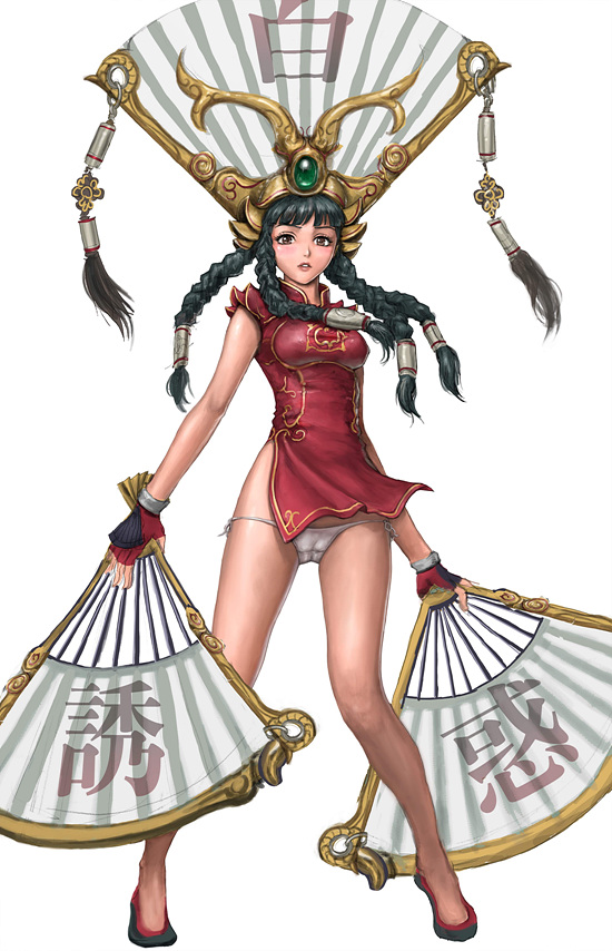 neongun, 1girl, black hair, braid, brown eyes, cameltoe, china dress, chinese clothes, dress, female focus, fingerless gloves, folding fan, gloves, hand fan, holding, holding fan, panties, side-tie panties, simple background, solo, underwear, white panties