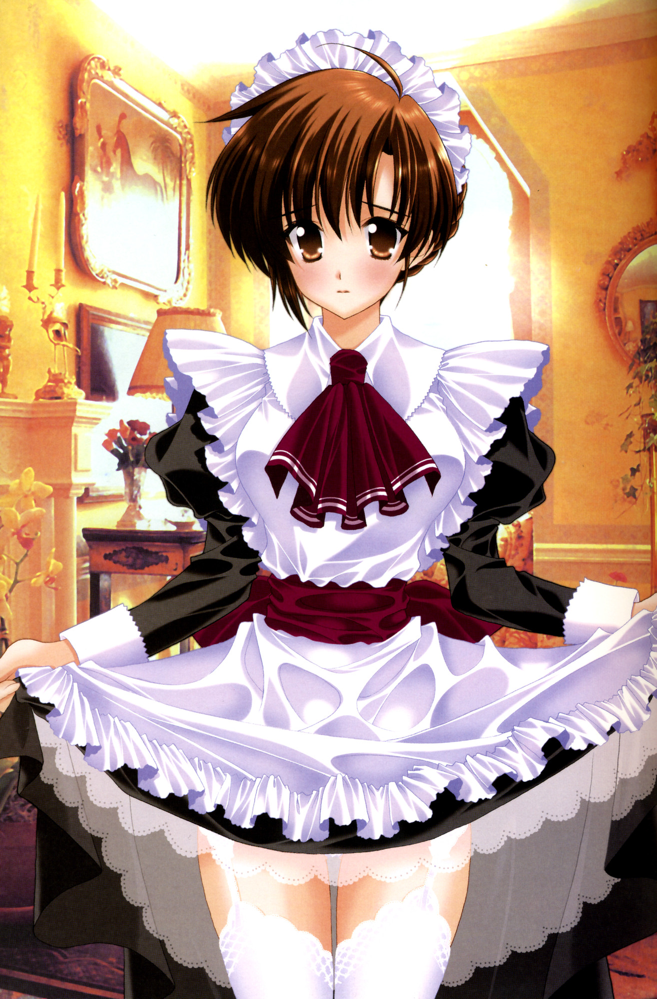 mario kaneda, kojima kirie, girls bravo, highres, 00s, brown eyes, brown hair, clothes lift, maid, skirt, skirt lift, solo