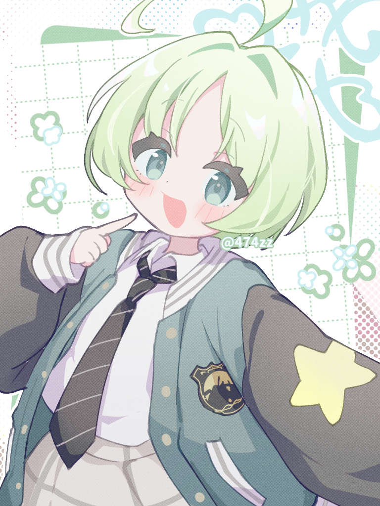 anzen robo (474zz), blue archive, commentary request, 1girl, ahoge, black sleeves, blue eyes, blue halo, blue jacket, blush, collared shirt, diagonal-striped clothes, diagonal-striped necktie, green hair, grey skirt, halo, jacket, long sleeves, miniskirt, necktie, open mouth, pleated skirt, pointing, pointing at self, puffy long sleeves, puffy sleeves, ritsu (blue archive), shirt, short hair, skirt, solo, striped clothes, white shirt