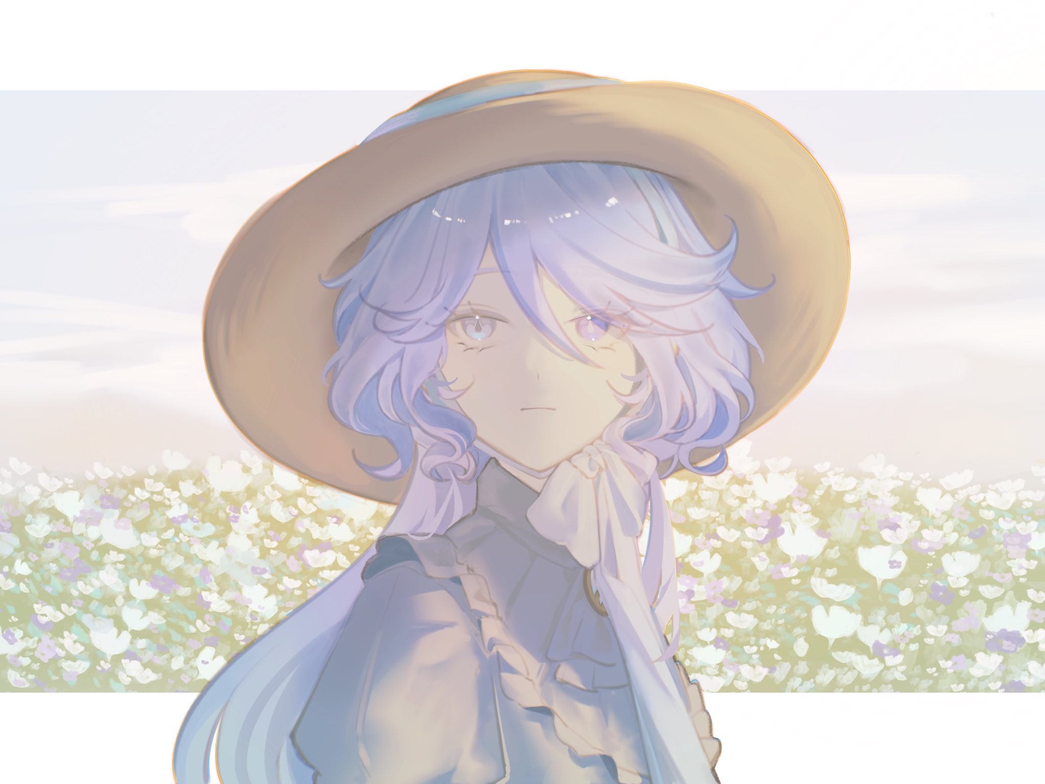 miiilkfoam, furina (genshin impact), genshin impact, hashtag-only commentary, highres, 1girl, alternate costume, blue eyes, blue hair, closed mouth, dress, drop-shaped pupils, field, flower, flower field, frilled dress, frills, hat, heterochromia, long hair, mismatched pupils, multicolored hair, solo, straw hat, sun hat, symbol-shaped pupils, two-tone hair, upper body, white dress, white hair