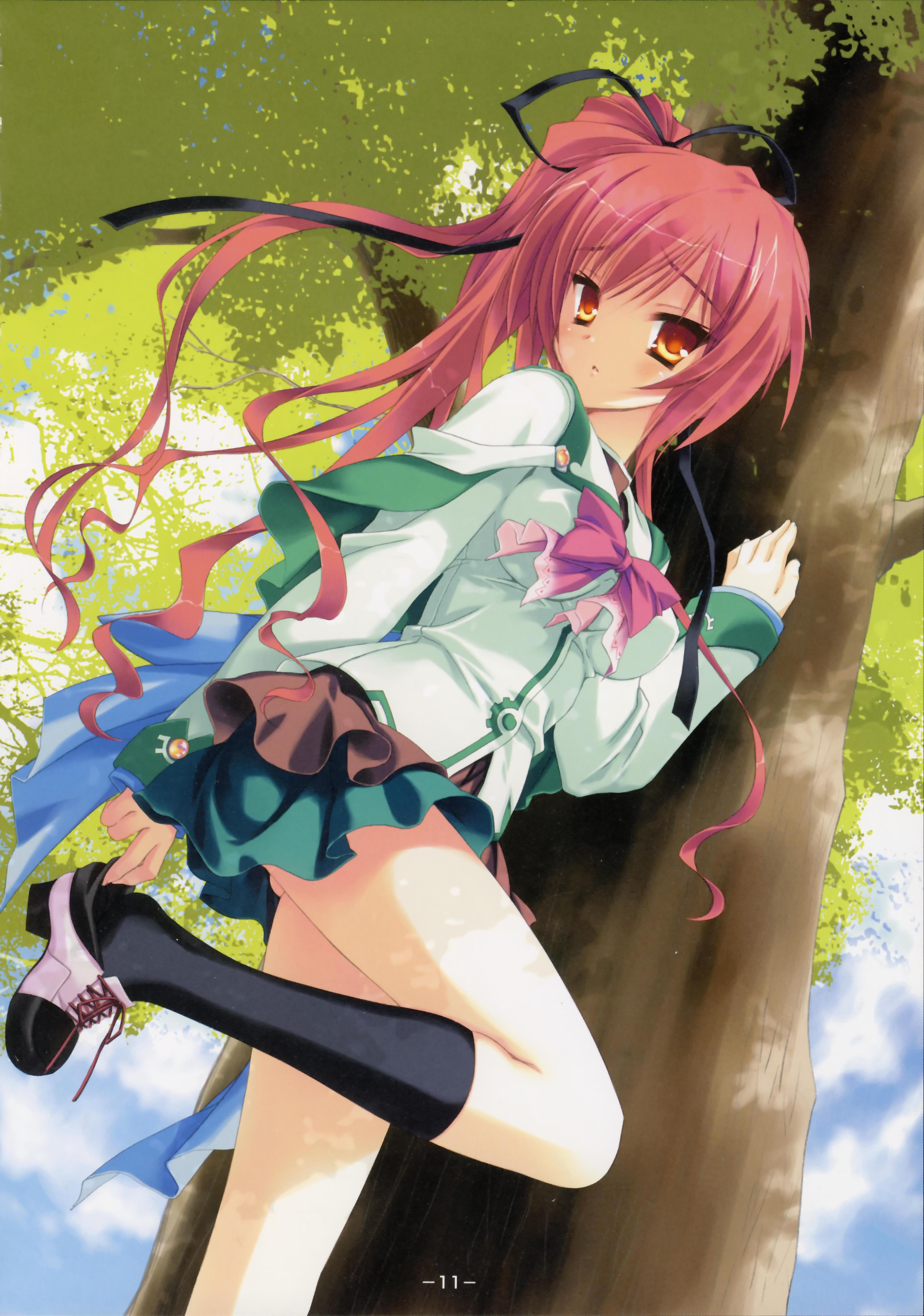 kobuichi, seera finis victoria, magus tale, absurdres, highres, 1girl, against tree, arm support, black socks, bow, bowtie, breasts, female focus, impossible clothes, impossible shirt, kneehighs, leg lift, long hair, looking at viewer, medium breasts, orange eyes, ponytail, putting on footwear, red hair, school uniform, serafuku, shirt, skirt, socks, solo, tree