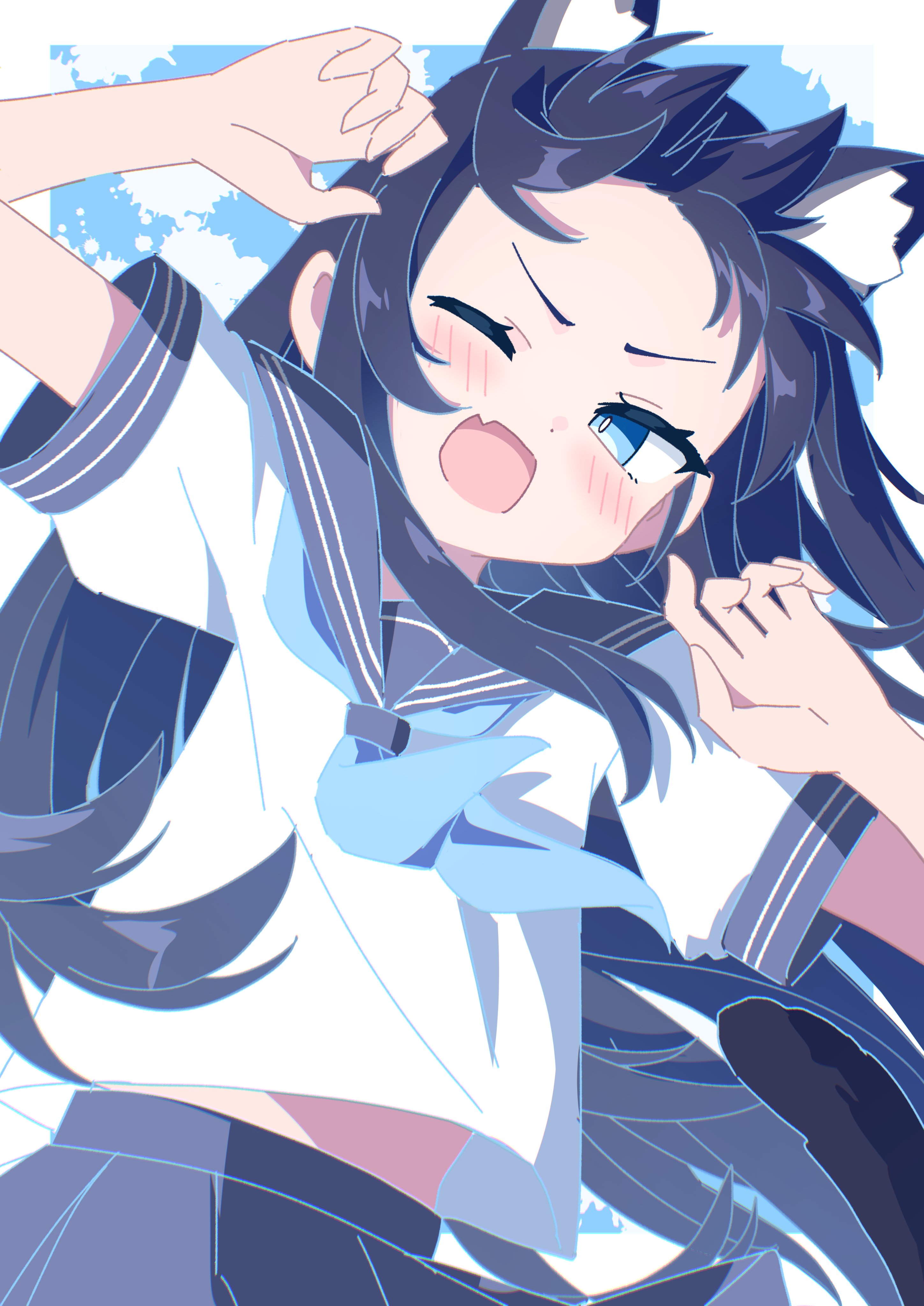 kaie, original, absurdres, commentary request, highres, 1girl, animal ear fluff, animal ears, black hair, black sailor collar, blue background, blue eyes, blue neckerchief, blush, border, cat ears, cat girl, cat tail, fang, hands up, long hair, neckerchief, one eye closed, open mouth, outside border, sailor collar, school uniform, serafuku, skin fang, solo, tail, upper body, white border