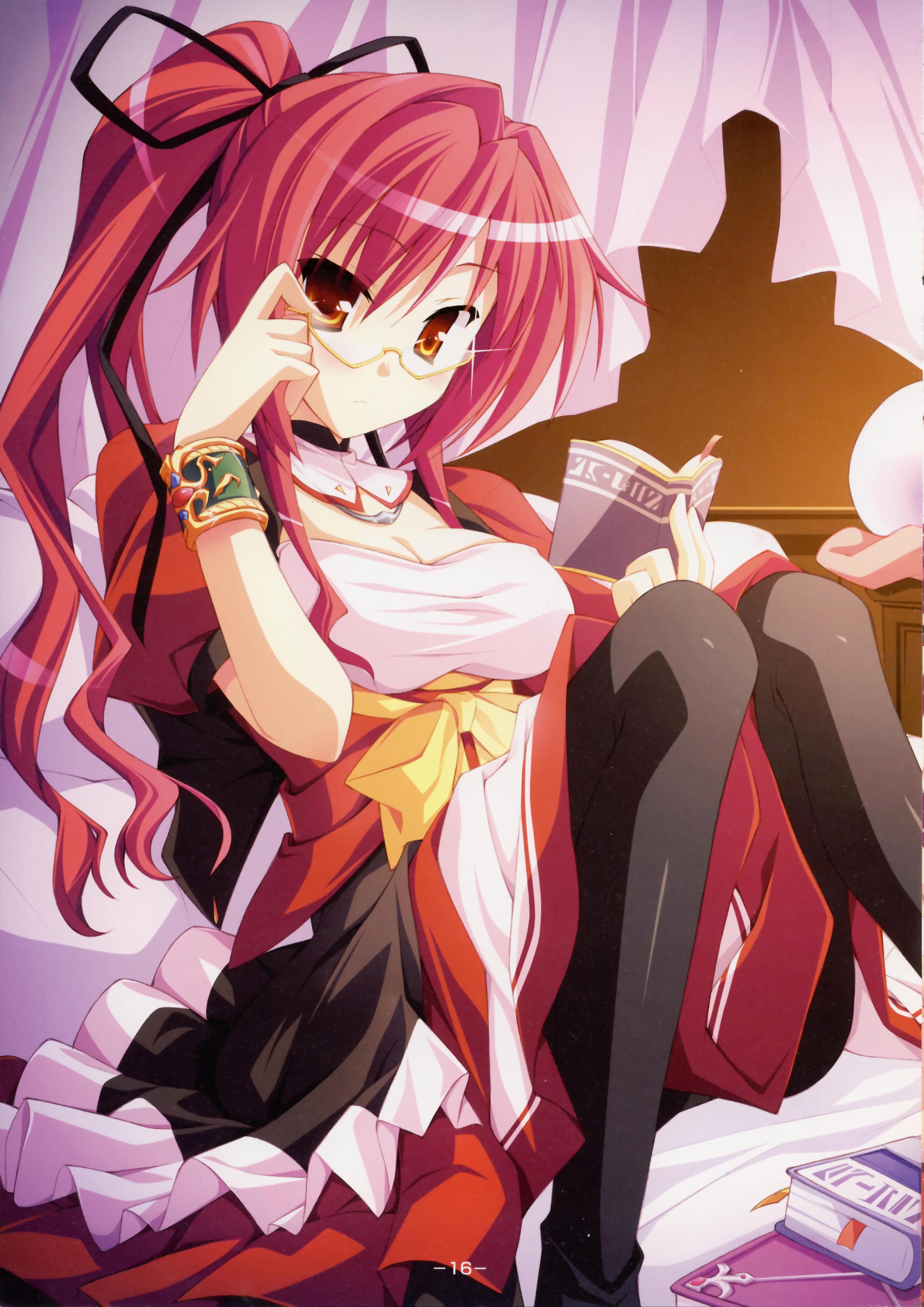hinata mutsuki, seera finis victoria, magus tale, absurdres, highres, 1girl, book, female focus, glasses, orange eyes, pantyhose, ponytail, red hair, sitting, solo