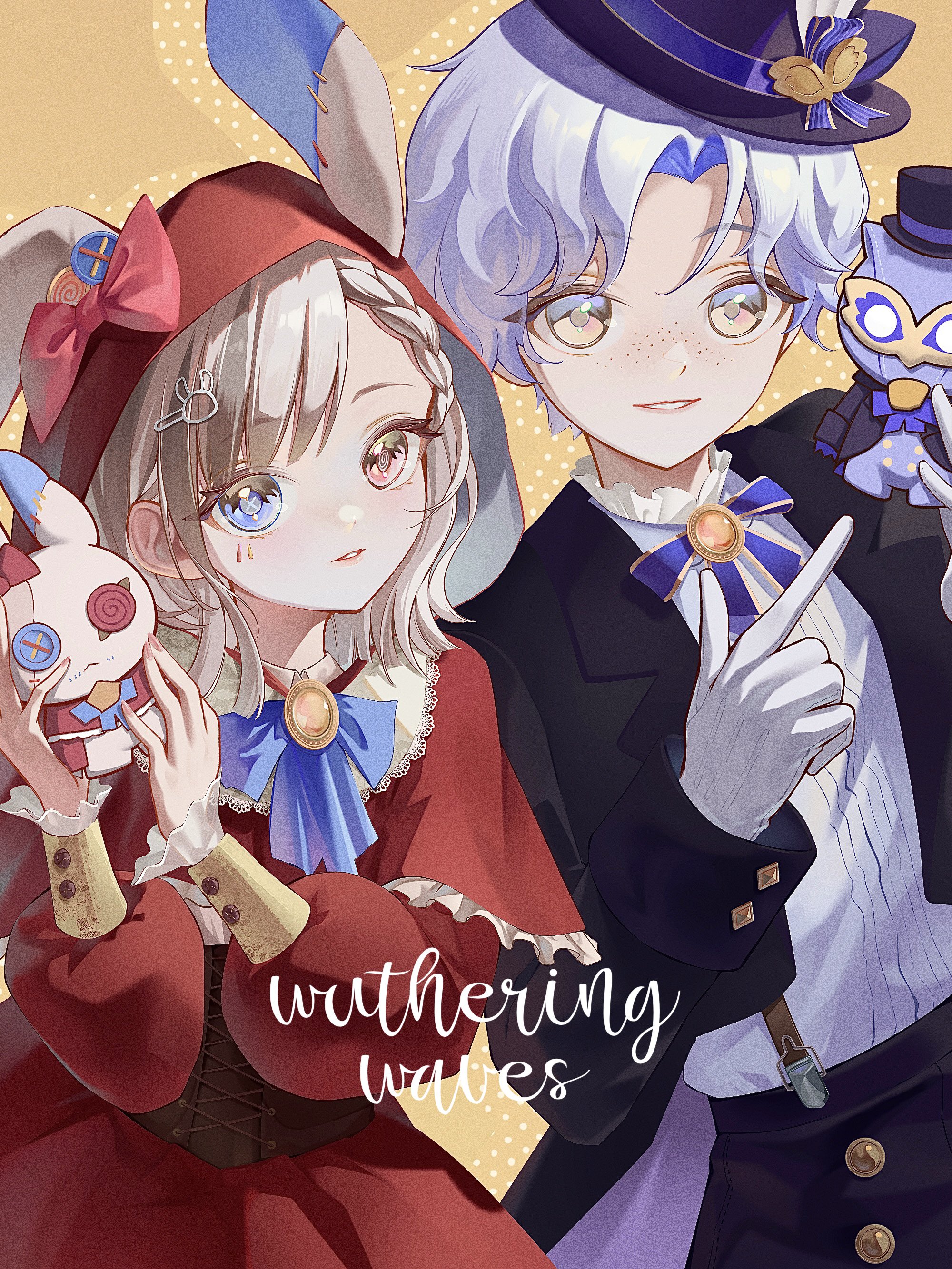 chigusa7h, wuthering waves, absurdres, commentary request, highres, 1boy, 1girl, black jacket, blue eyes, blue hair, bow, braid, breasts, brown corset, brown hair, button eyes, buttons, capelet, corset, dress, facial mark, freckles, gloves, hat, heterochromia, hocus pocus (wuthering waves), jacket, long sleeves, looking at viewer, lottie lost (wuthering waves), mark under eye, medium breasts, parted lips, personification, red bow, red capelet, red dress, red eyes, red hood, shirt, shirt tucked in, short hair, tacet discord (wuthering waves), top hat, white gloves, white shirt