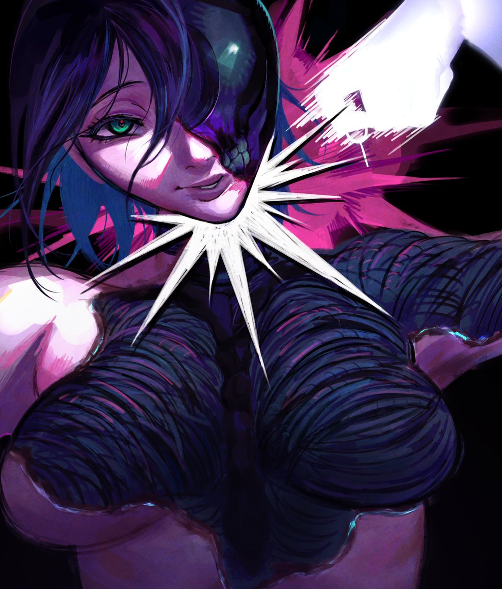 corioko, bomb devil (chainsaw man), reze (chainsaw man), chainsaw man, highres, 1girl, black choker, black ribbon, choker, explosion, explosion background, grenade pin, hair between eyes, imminent explosion, neck ribbon, object head, ribbon, solo, transformation