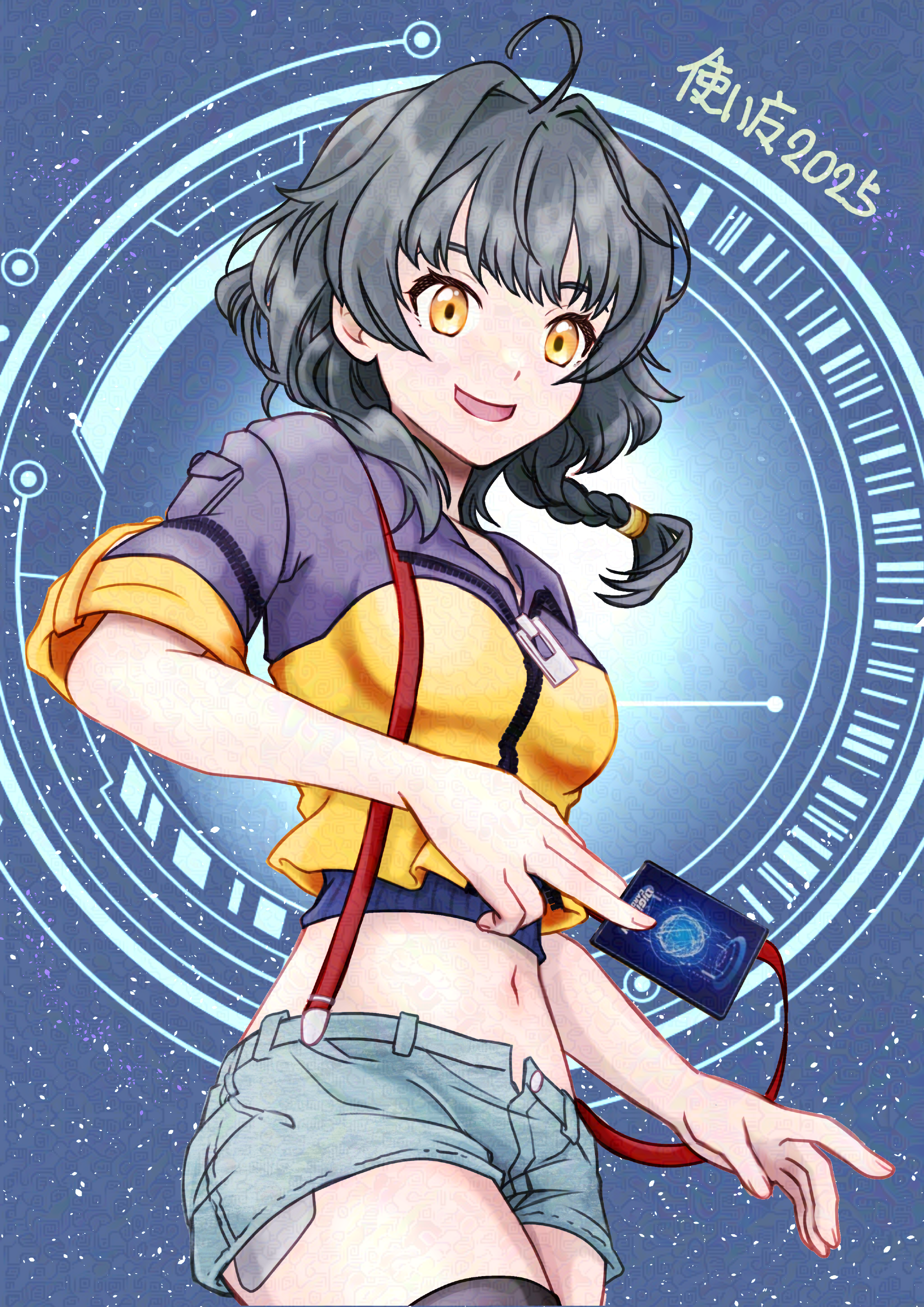 tsukaima (vfcou), digimon, absurdres, commentary request, highres, revision, 1girl, black hair, black jacket, blue background, blue shorts, breasts, card, cowboy shot, denim, denim shorts, digimon alysion, holding, holding card, hondo kanata, jacket, medium breasts, medium hair, multicolored jacket, navel, short shorts, shorts, simple background, solo, trading card, two-tone jacket, yellow eyes, yellow jacket